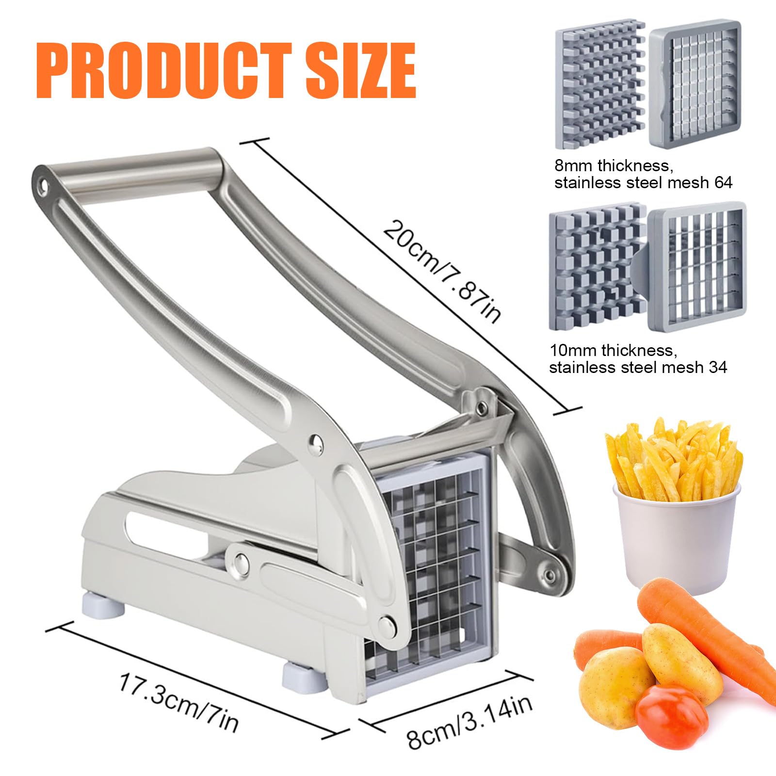 CEWROM Pommesschneider Edelstahl, Kartoffelschneider Scheiben mit 2 Klingengrößen, Kartoffelschneider für hausgemachte Pommes, Pommesschneider Edelstahl mit Rutschfester Saugtechnologie