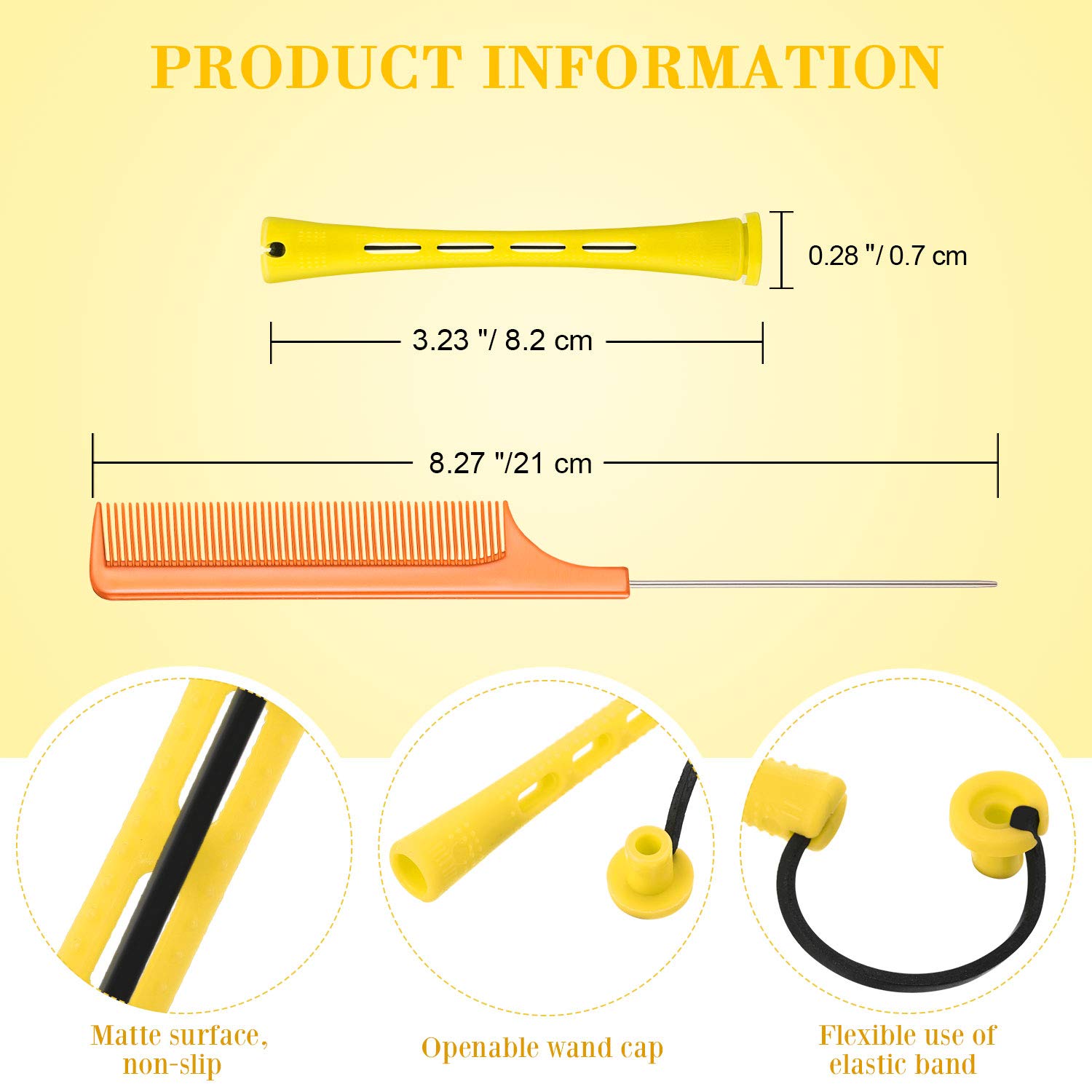 48 rizadores de plástico con cola de acero y peines de cola de rata para ondas frías y peinado de peluquería (amarillo y naranja, 0.28 pulgadas/0.3 in) 2