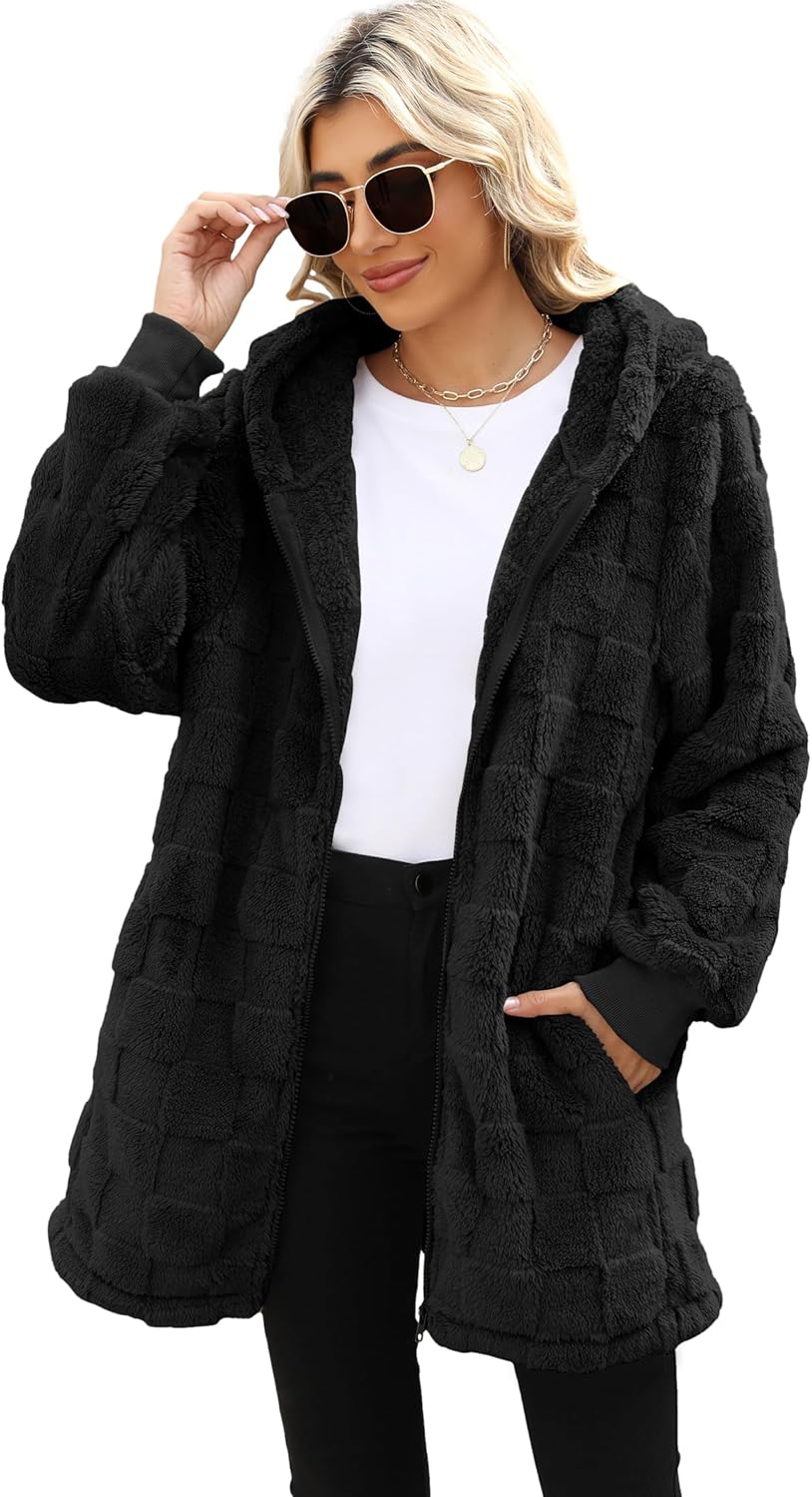 ReachMe Womens Fleece Zip Up Jacket with Pockets Oversized Long Sherpa Hoodie Fuzzy Jackets Warm Teddy Coat - Image 2