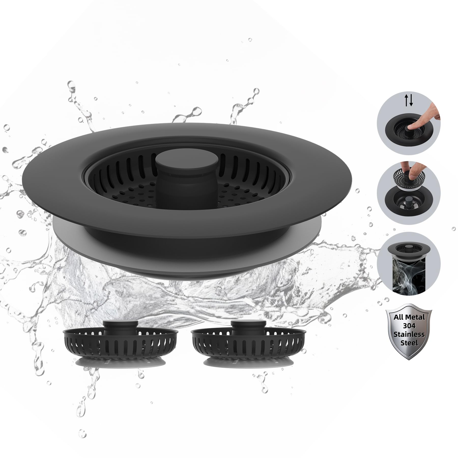 Hibbent 3-in-1 Abflusssieb & Stopper Für Küchenspüle – 2 Stück, Edelstahl & Kunststoff – Für US-Standard 8,9 Cm Abfluss