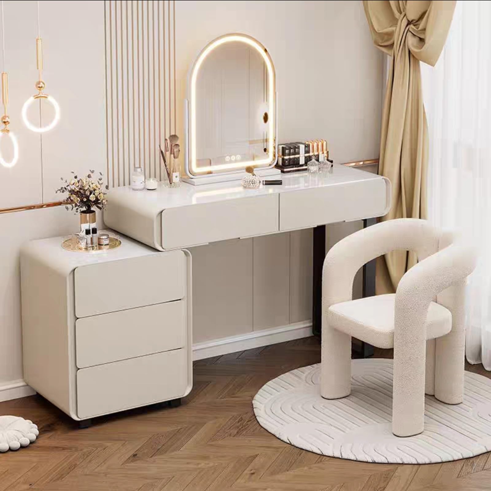 asdchZen Elegant Walnut Dressing Table With Color-Changing Mirror Touch Dimming Stylish Vanity Desk For Women & Girls Complete With Nightstand-Perfect For Bedrooms!