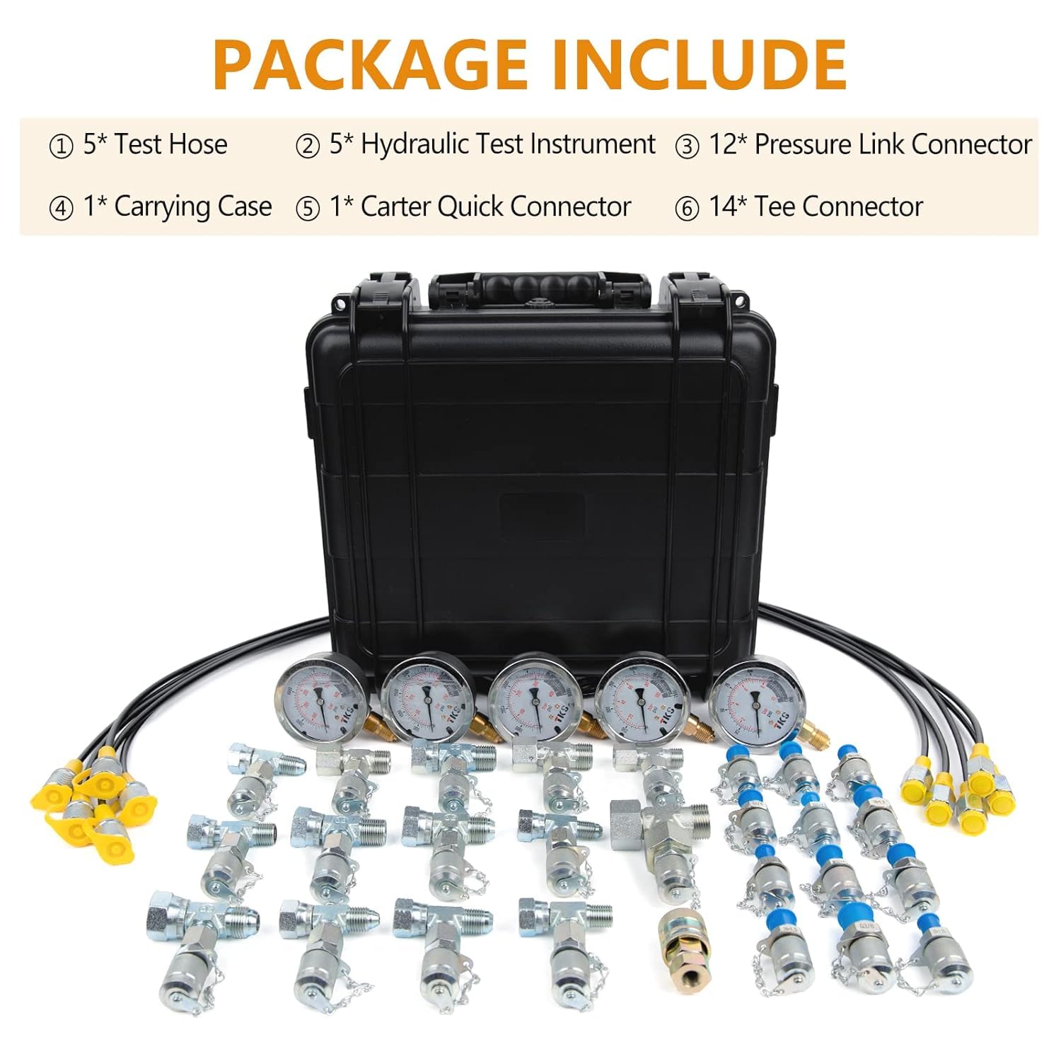 Kit de prueba de presión hidráulica, 600 bar/8700 psi/60 mpa, 5 calibres, 13 acoplamientos de prueba, 14 conectores en T, 5 mangueras de prueba, kit de manómetro hidráulico, funda de transporte