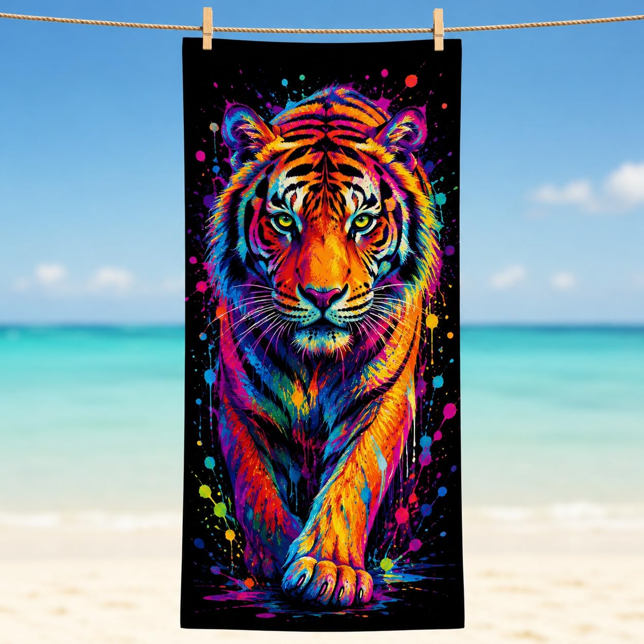 Telo Mare Microfibra Tigre Colorato Asciugatura Rapida | Asciugamano da Spiaggia Tigre Astratta, 145x200 cm, Assorbente, Accessori Mare, per Palestra Viaggio