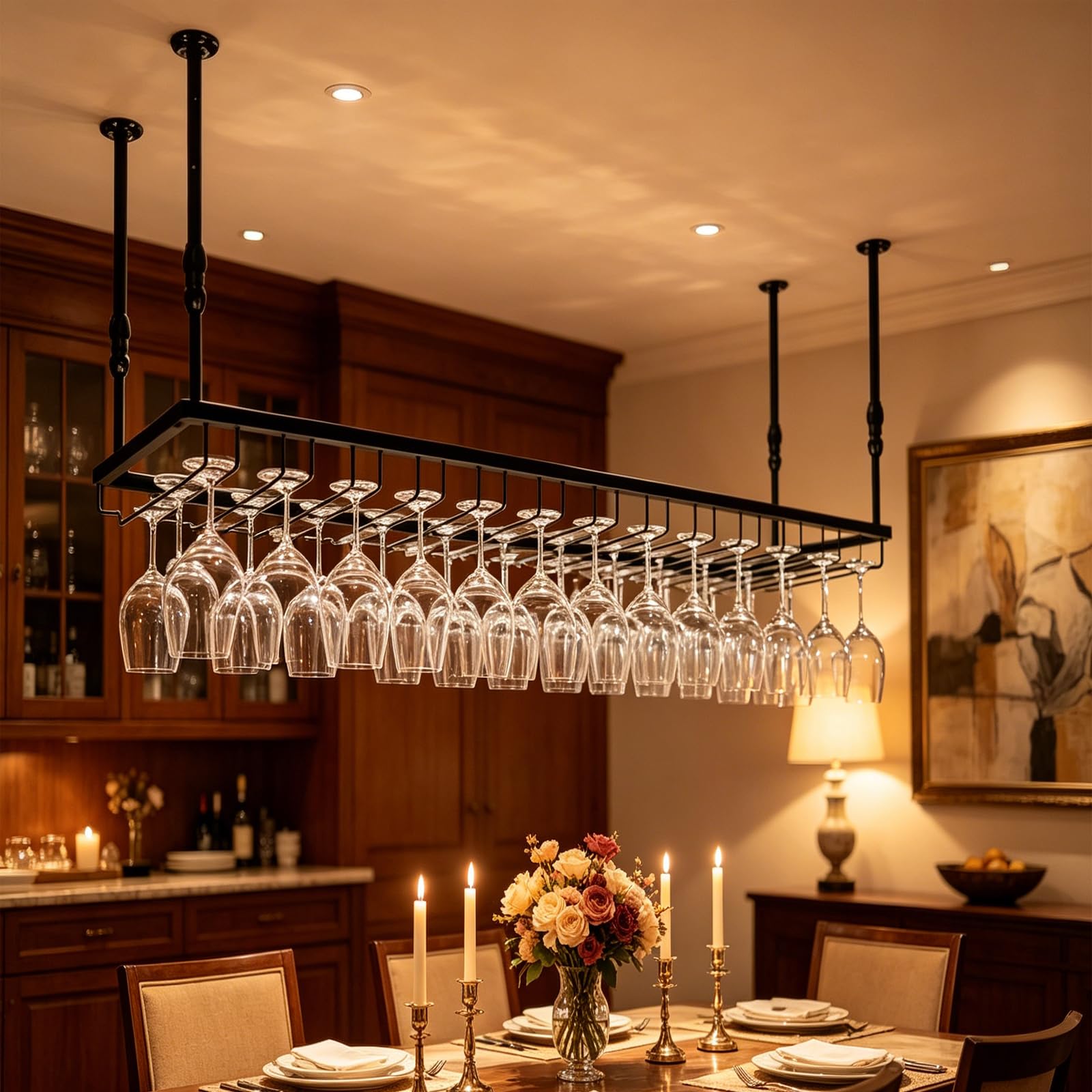 Soporte para Copas de Vino Colgante de Techo de Metal, Altura Ajustable Estilo Industrial – Colgador de Copas y Botellero para Bar, Café, Cocina y Club (Negro, 121cm)