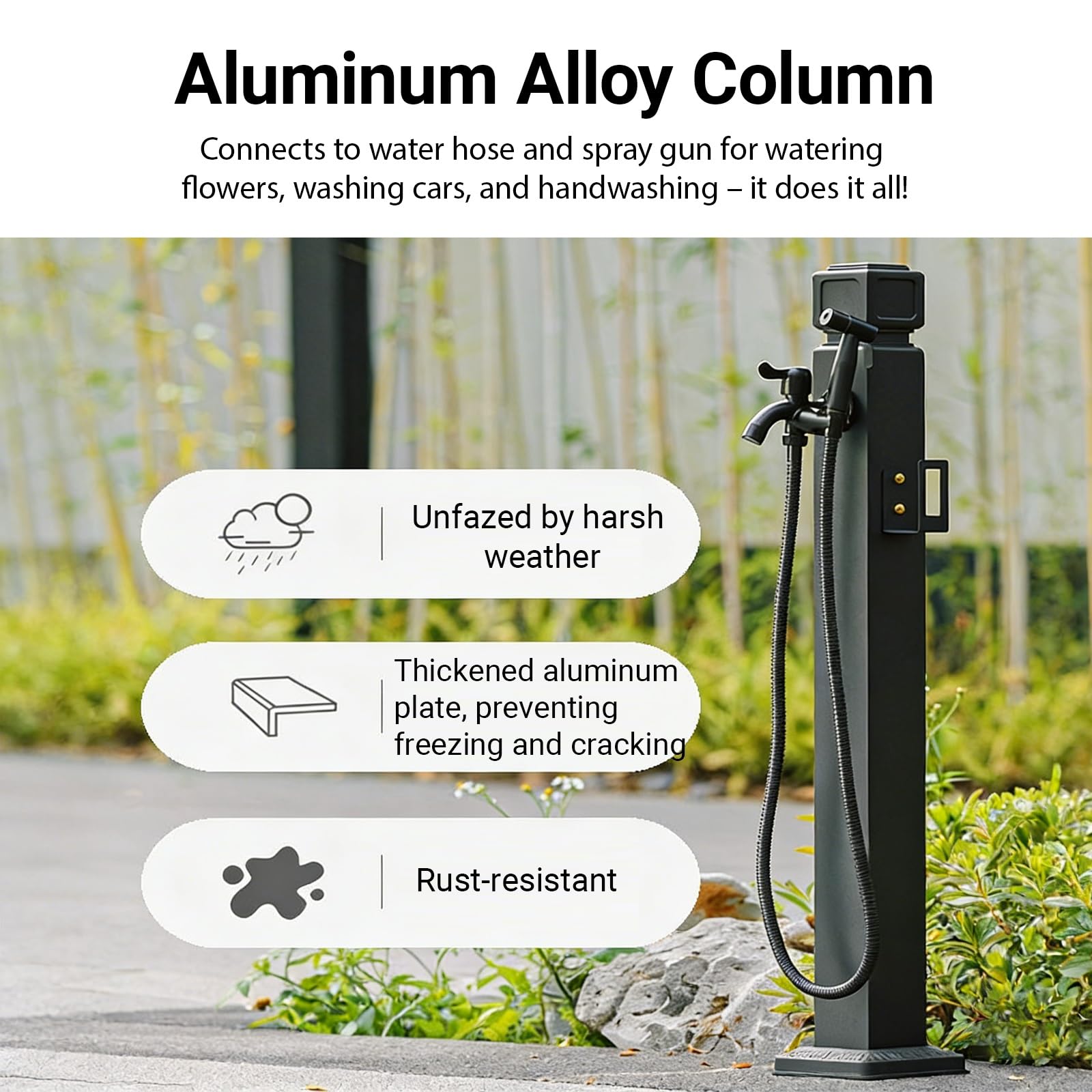 Zewnętrzna kolumna wody z kranem i pistoletem natryskowym, hydrant ogrodowy ze stopu aluminium, odporny na mróz, wolnostojący czop wody na podwórko, patio i do mycia samochodu