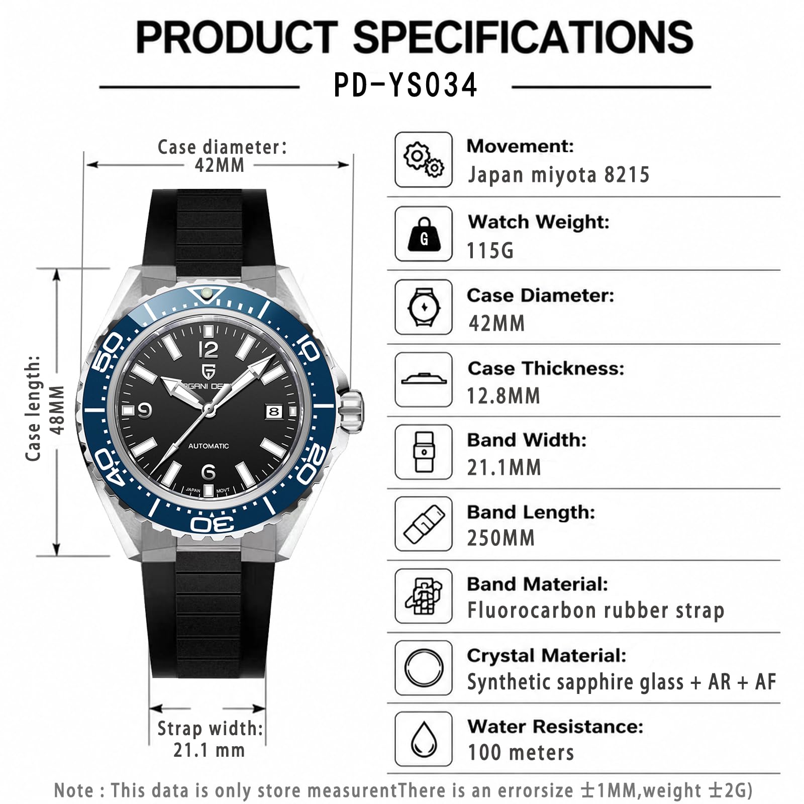 Pagani Design Herren Automatikuhr, Miyota 8215 Japanisches Uhrwerk, 42mm Edelstahlgehäuse, Keramiklünette, 100m Wasserdicht, Leuchtend, Edelstahlarmband