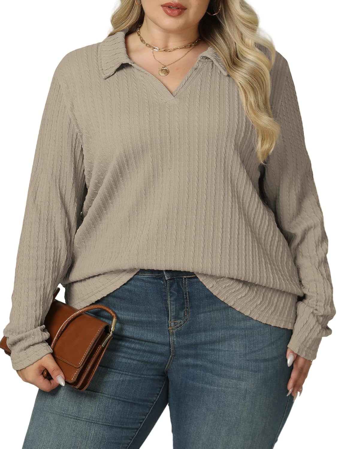 VISLILY Womens-Plus-Size-Tops-2025 Polo V Neck Shirts Lapel Collared Work Blouses Casual Long Sleeve Knit Tunics XL-5XL - Image 2