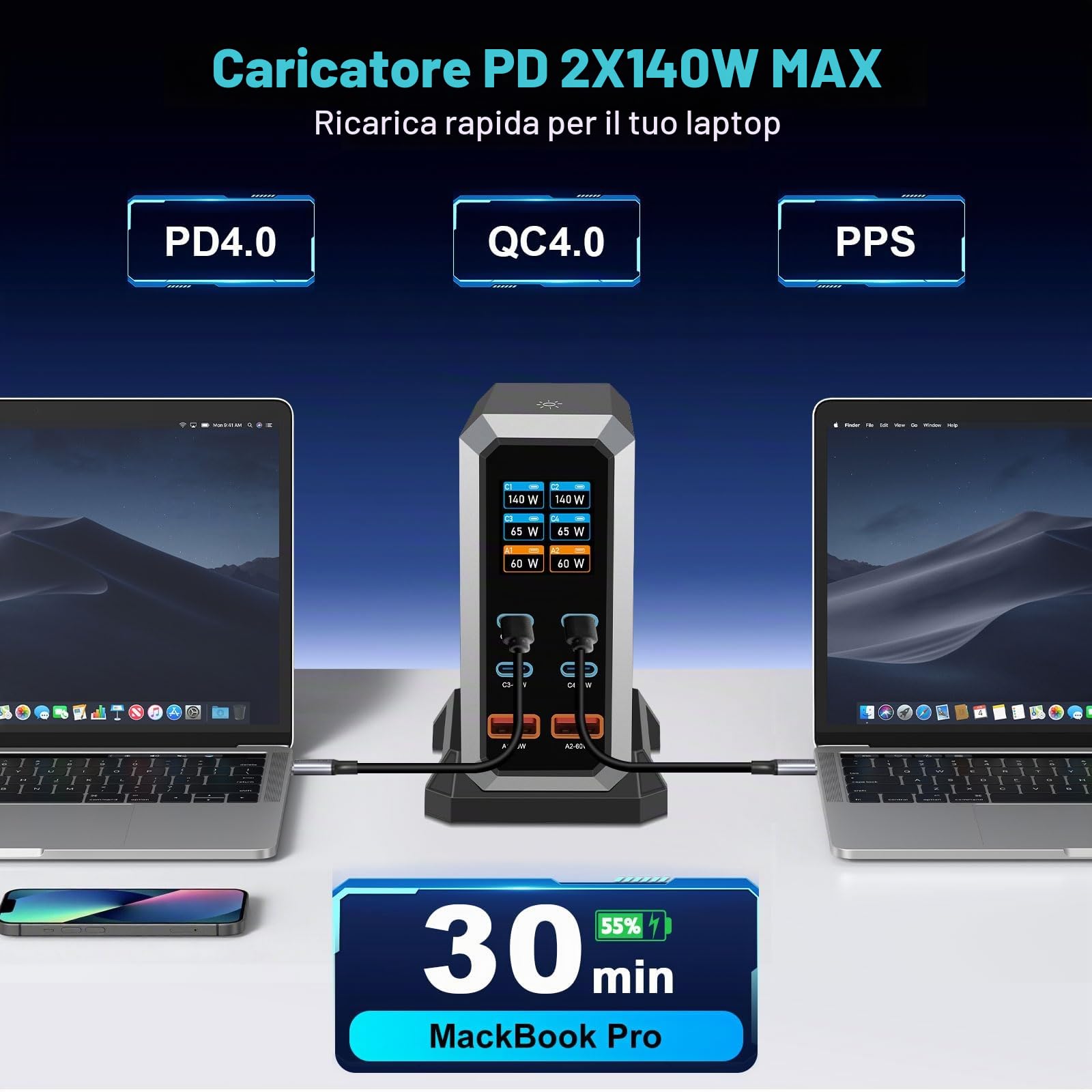 Caricatore USB C da 240 W, multiplo con 6 porte, GaN 3, USB, multiplo con 4 x USB-C e 2 x USB-A, PD140 W, 65 W, 60 W Power Delivery stazione di ricarica USB C per MacBook Pro/Air, iPhone, iPad