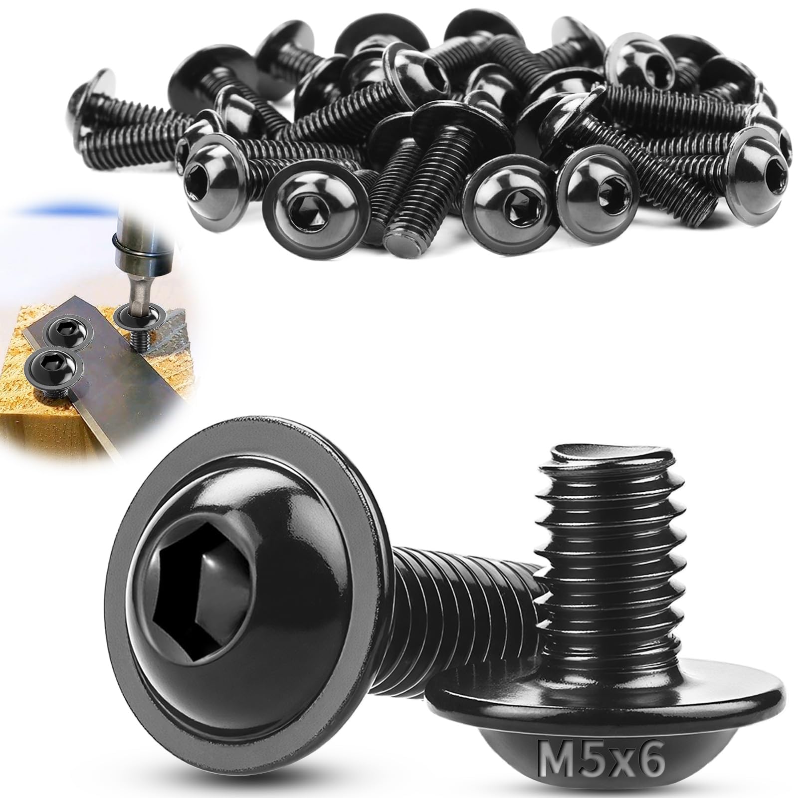 TXXATX M5x6mm Bolts Flanged Button Head Socket Cap Screws 70 Pcs 304 Stainless Steel Pan Head Screws Black Oxide Allen Bolts ISO7380-2 with Hex Drive for Table Legs Vehicles DIY Model Building