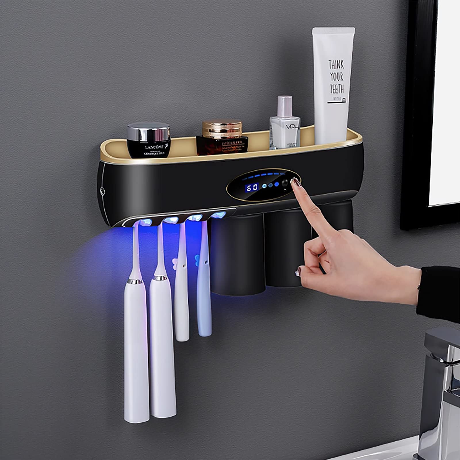 Porta Spazzolino Elettrico, Porta Spazzolino Parete, LED Porta Spazzolini Bagno con Luce Notturna, Accessori Bagno con Sterilizzatore per Funzione di Asciugatura Ricaricabile USB Nero