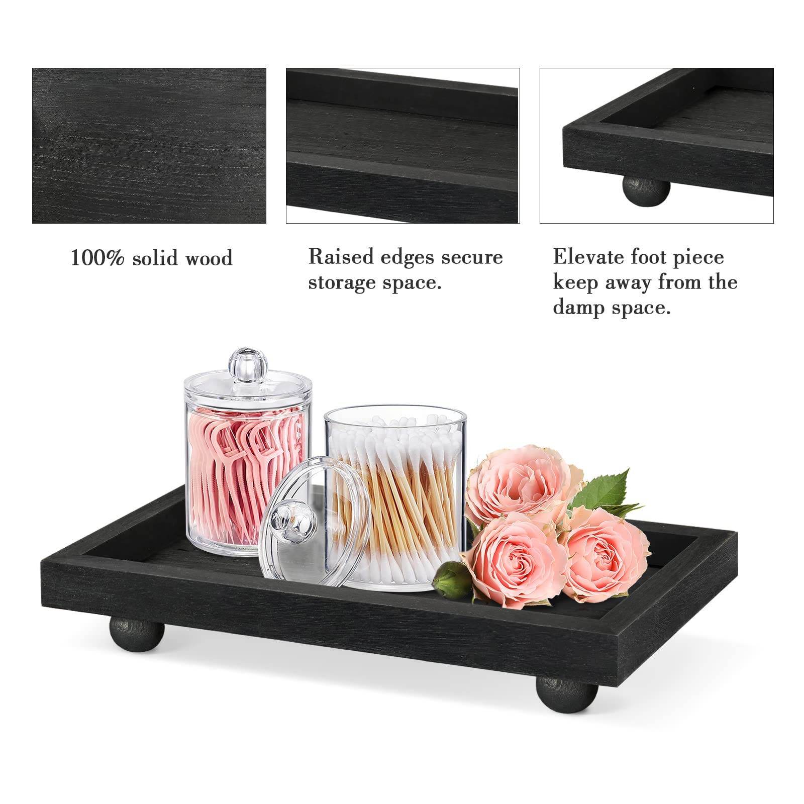 Bathroom Vanity Tray, Black Vanity Trays for Bathroom with 2 Pack Qtips