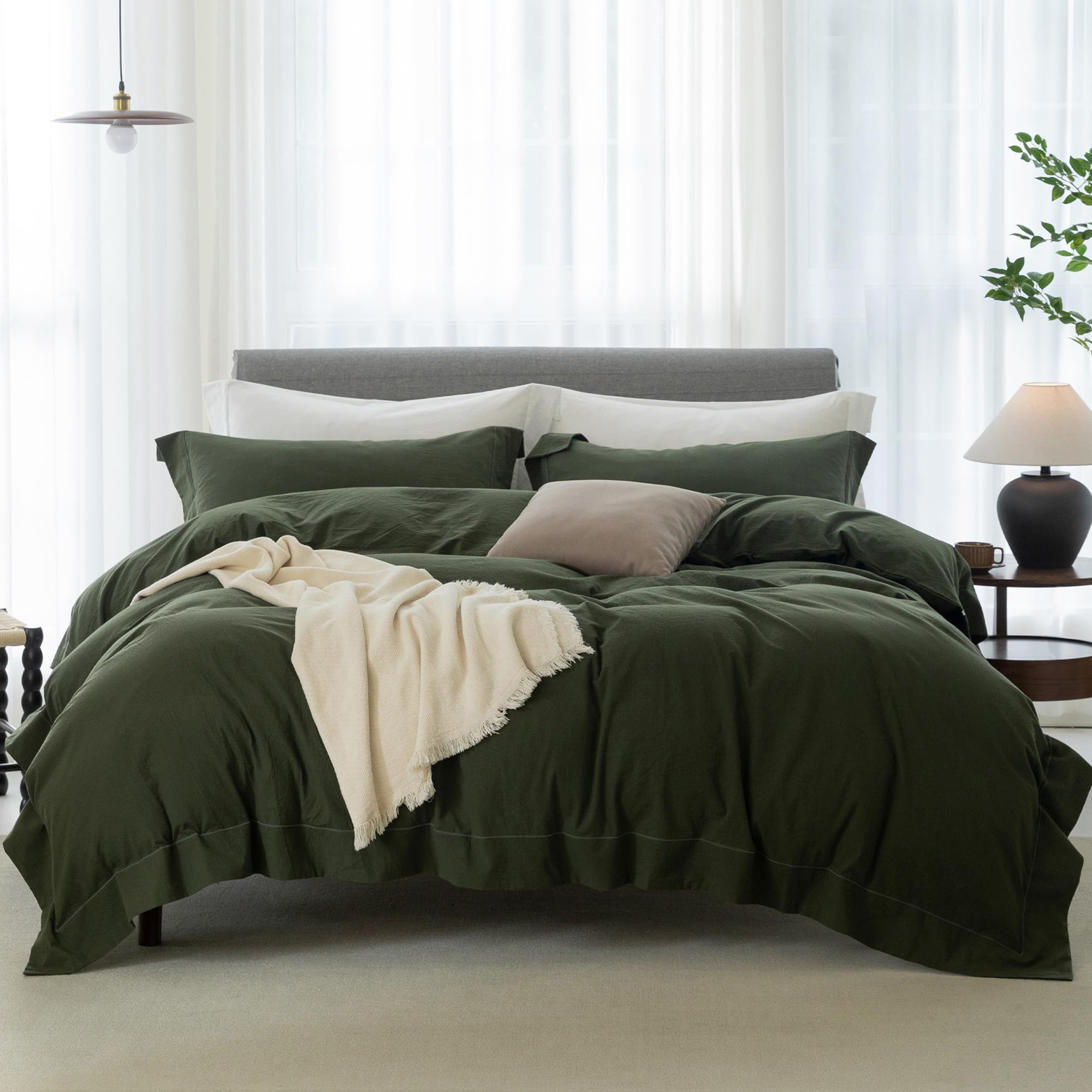 Photo 1 of ELIMMO Cooling King Duvet Cover Set 3 Pieces-100% Washed Cotton with Chic Wide Trim Design Linen Like Textured Ultra Soft Cozy Bedding with Zipper Closure(Hemmed Olive Green,King 104"x90")