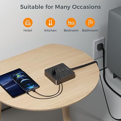 Miniatura 6 de TESSAN - Cable de extensión de enchufe plano de 15 pies, regleta de alimentación con 6 tomas de corriente y 3 puertos USB (1 USB C), protección de