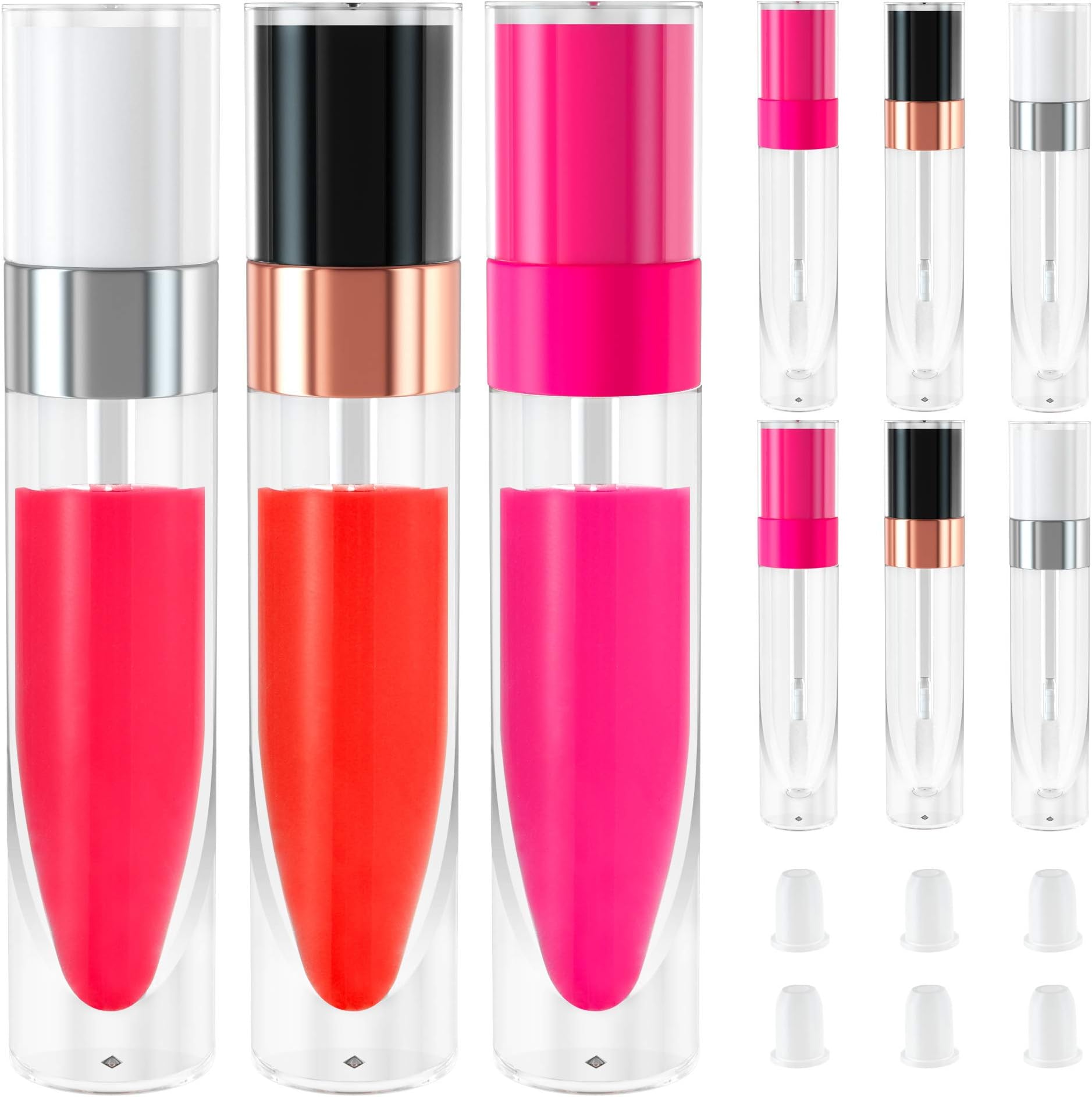 6.4ml/0.22oz Empty Lip Gloss Bottles Tube, 12 Pieces Refillable Lip Glaze Bottle with Wand Tip, Mini Lip Oil Samples Vials Container for Travel Split Charging DIY Makeup, (Rose, White, Black)