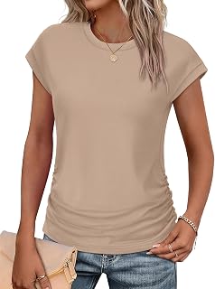 Sampeel Women's Ruched Cap Sleeve T-Shirt Summer Top Crew Neck