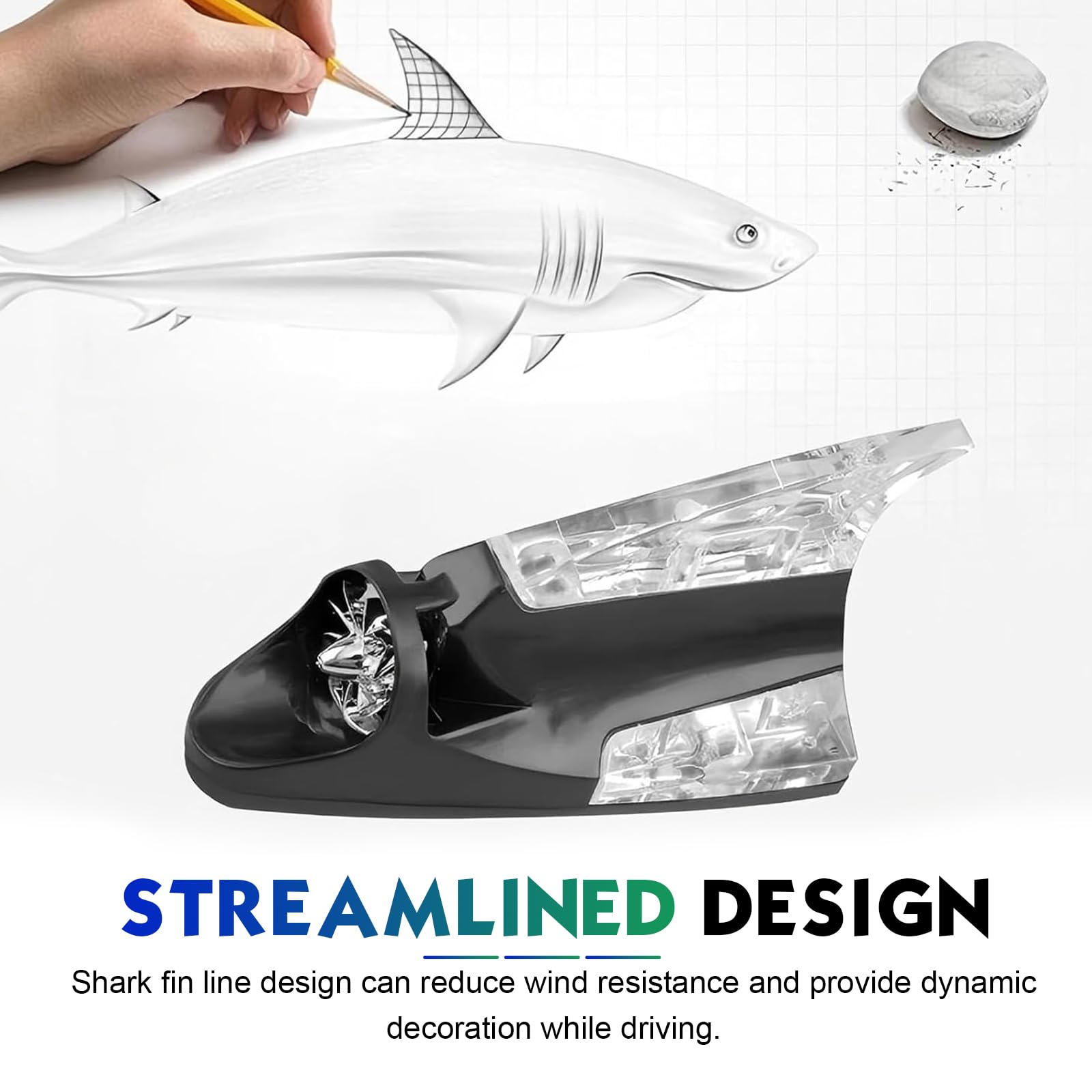 Glowing Car Roof Shark Fin Decor Cover, LED Wind Power Warning Flash Lamp, Self-Adhesive Auto Exterior Accessory, Universal for Most Cars (Black)