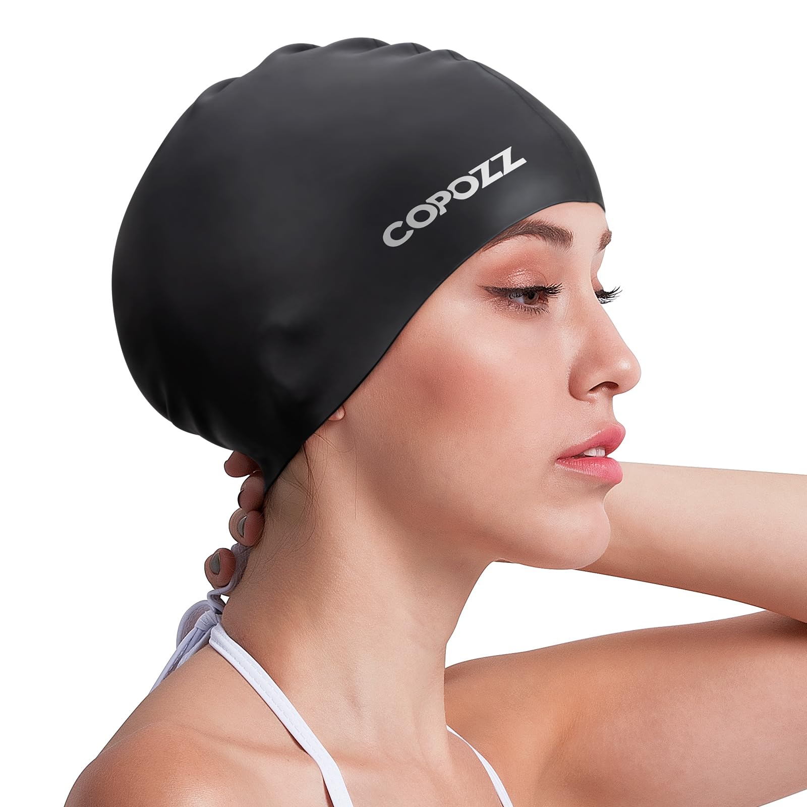 COPOZZ Erwachsene Badekappe, Unisex Wasserdicht Schwimmkappe für Herren Damen, Lange Haare Silikon Swimming Cap Bademütze für Männer Frauen, Reines Schwarz, 21.6 x 13 x 1.4 cm