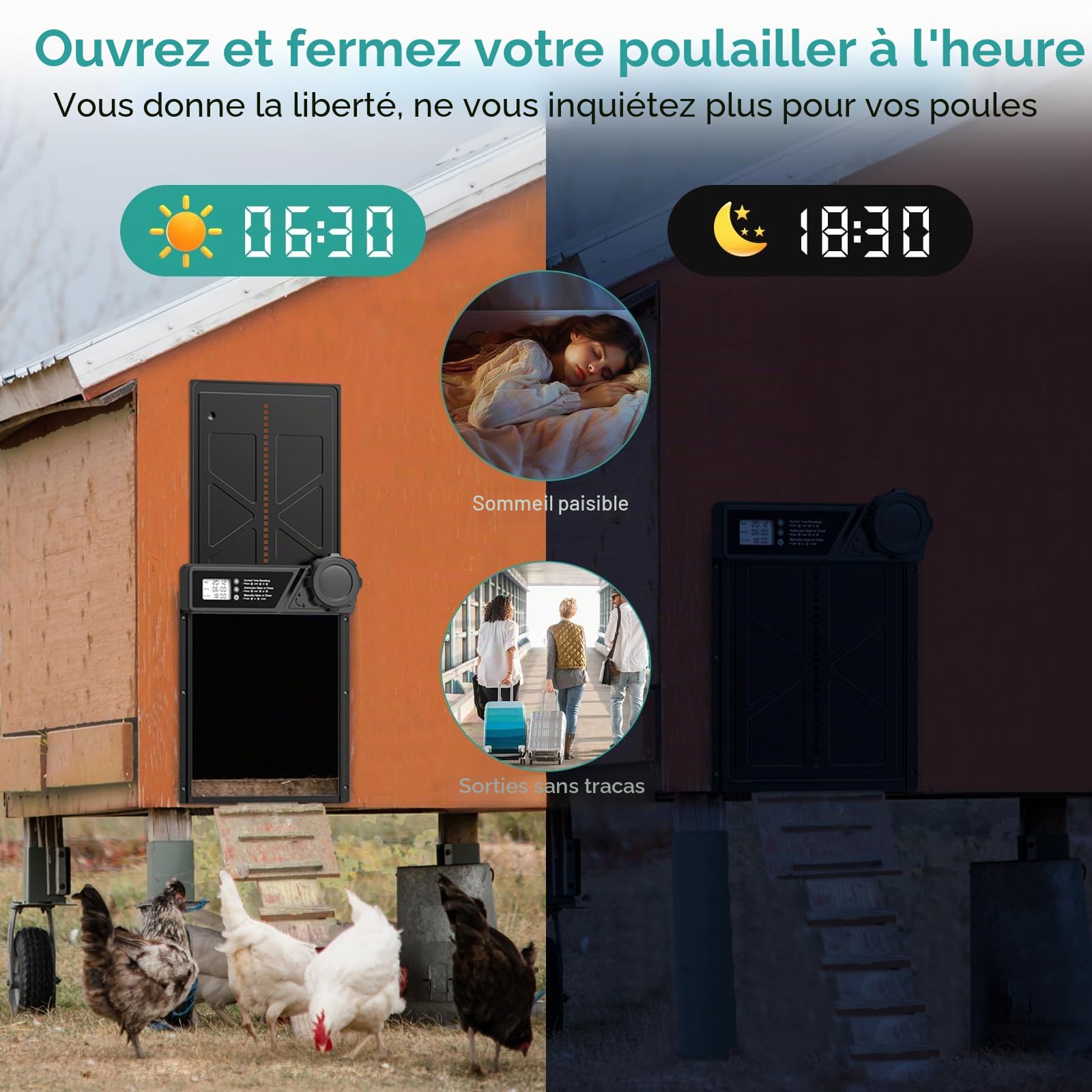 Porte Automatique pour Poulailler à PilesMinuterie | Minuterie, Fonction Anti-pincement, Écran LCD Étanche
