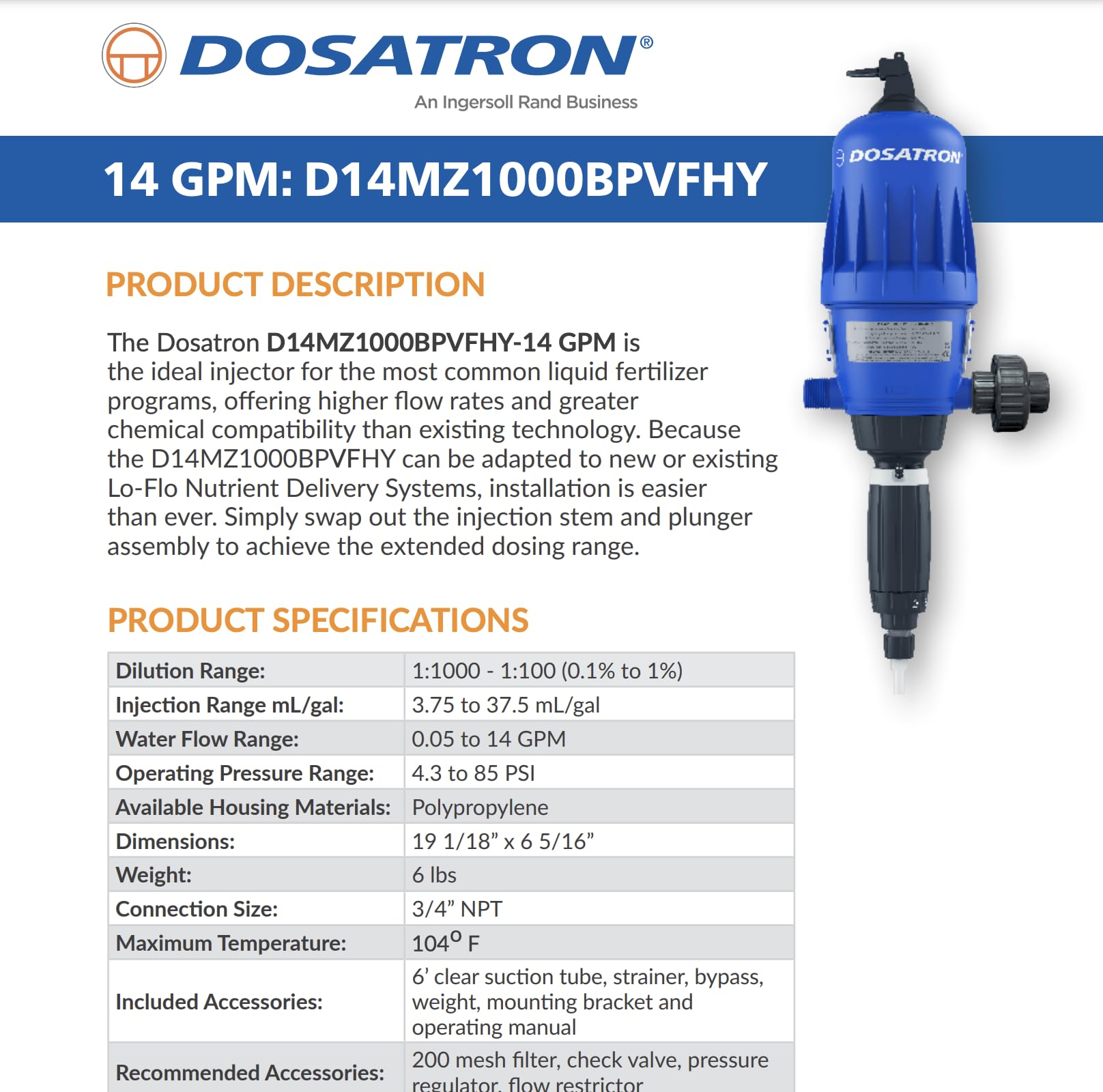 Generic Dosatron D14MZ1000BPVFHY-14 GPM Liquid Fertilizer Injector - High Flow, Adjustable Dilution 1:1000 to 1:100, Easy Installation, for Lo-Flo Systems, Blue