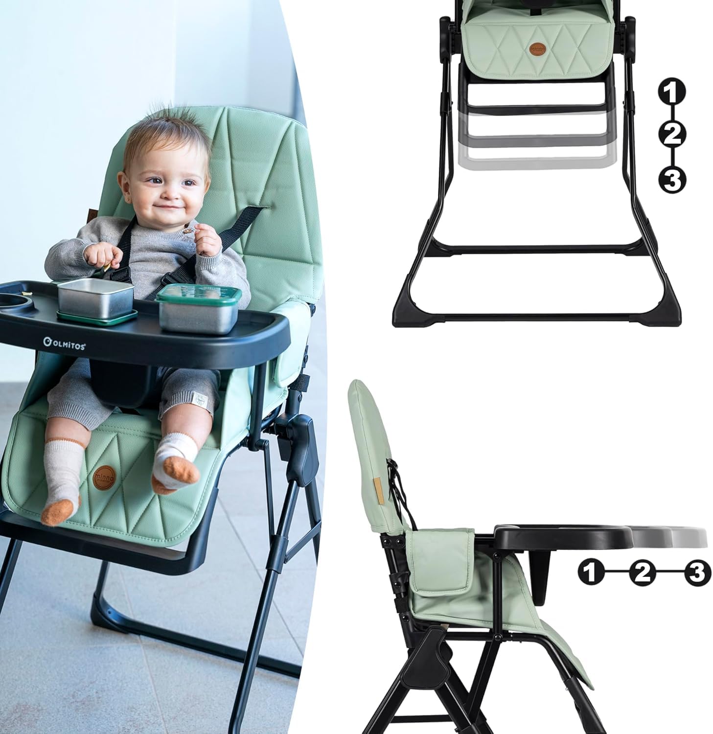 Olmitos – Trona para Bebé Plegable Ligera y Ultracompacta MINNA – Trona portátil de viaje 4.9kg ergonómica con Funda Acolchada de 6 meses a 3 años - reposapiés ajustable y Arnés 5 Puntos, Verde