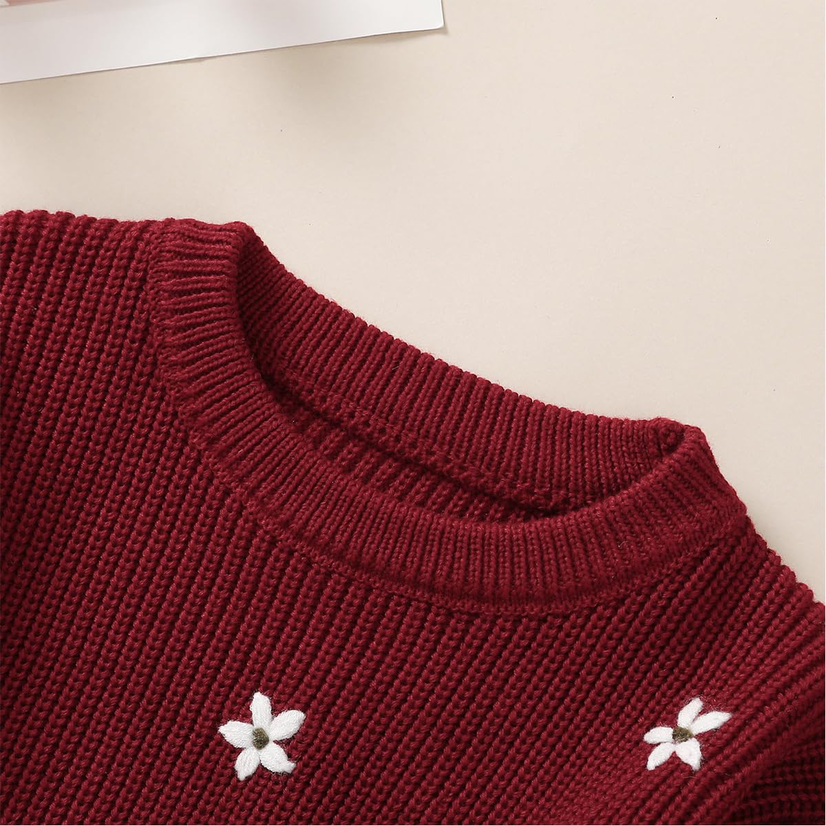 Suéter de Punto con Bordado Floral para Niñas Pequeñas Manga Larga Caliente Sudadera Pullover de Punto Cálida Jersey Ropa para Otoño e Invierno