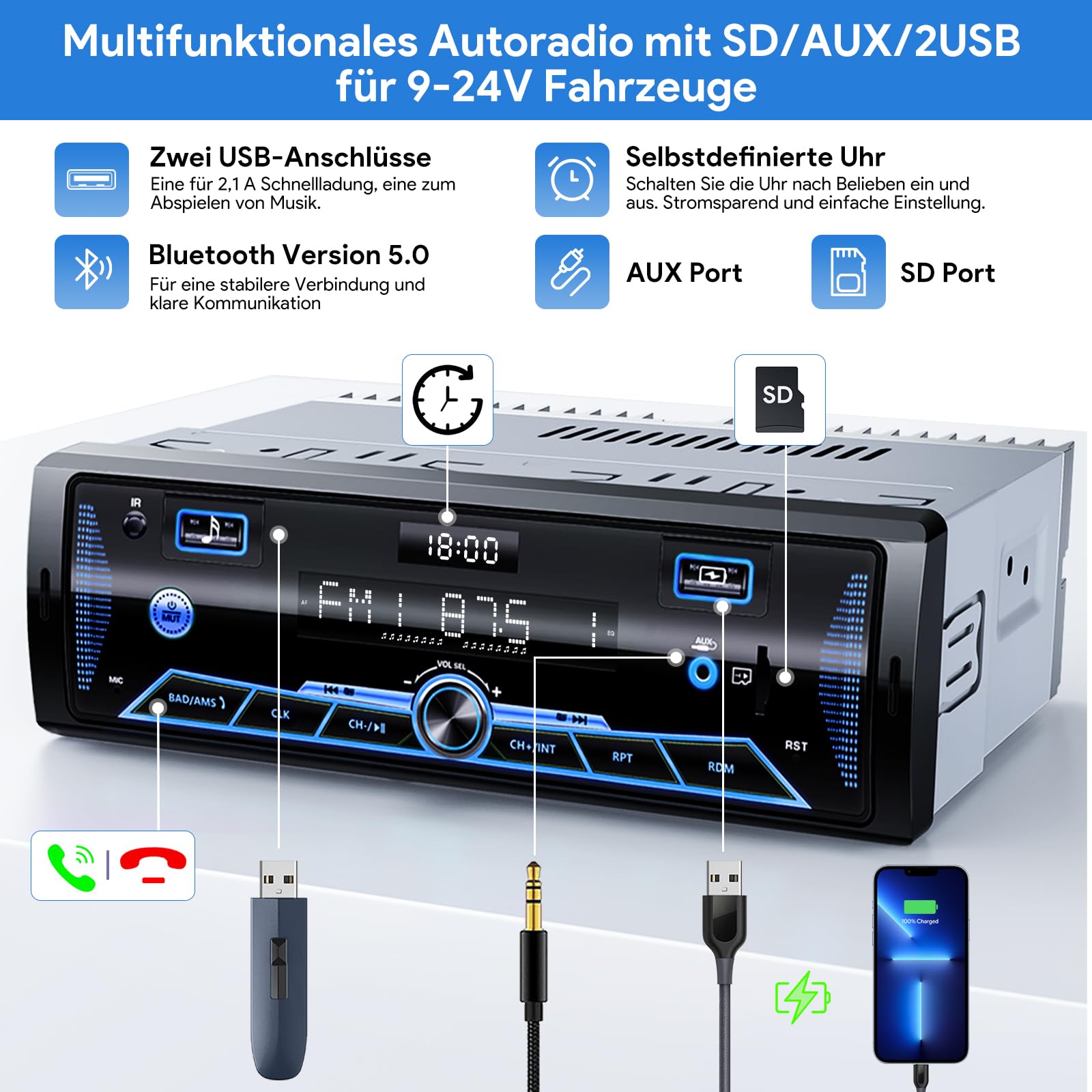 RDS Autoradio Bluetooth für 2 USB,Wistrue FM/AM Autoradio 1DIN,7 Farben Radio mit Fernbedienung MP3 Player 9-24V/Unabhängiger Uhr/SD/AUX