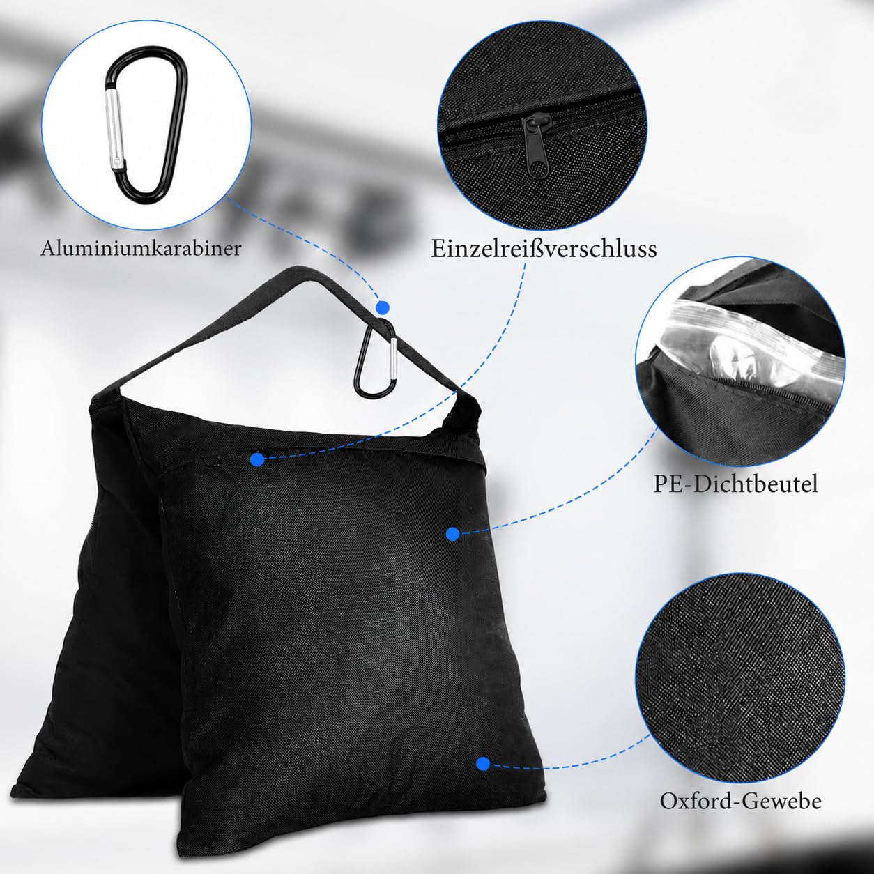 8 Stück Fotografische Leere Sandsack-Sets für Lichtständer, Gewichtstaschen für Fotostative, Schwere Satteltaschen mit Karabinerhaken & PE-Beuteln – Für Stativ, Zelt, Pavillon, Schirmständer – Schwarz