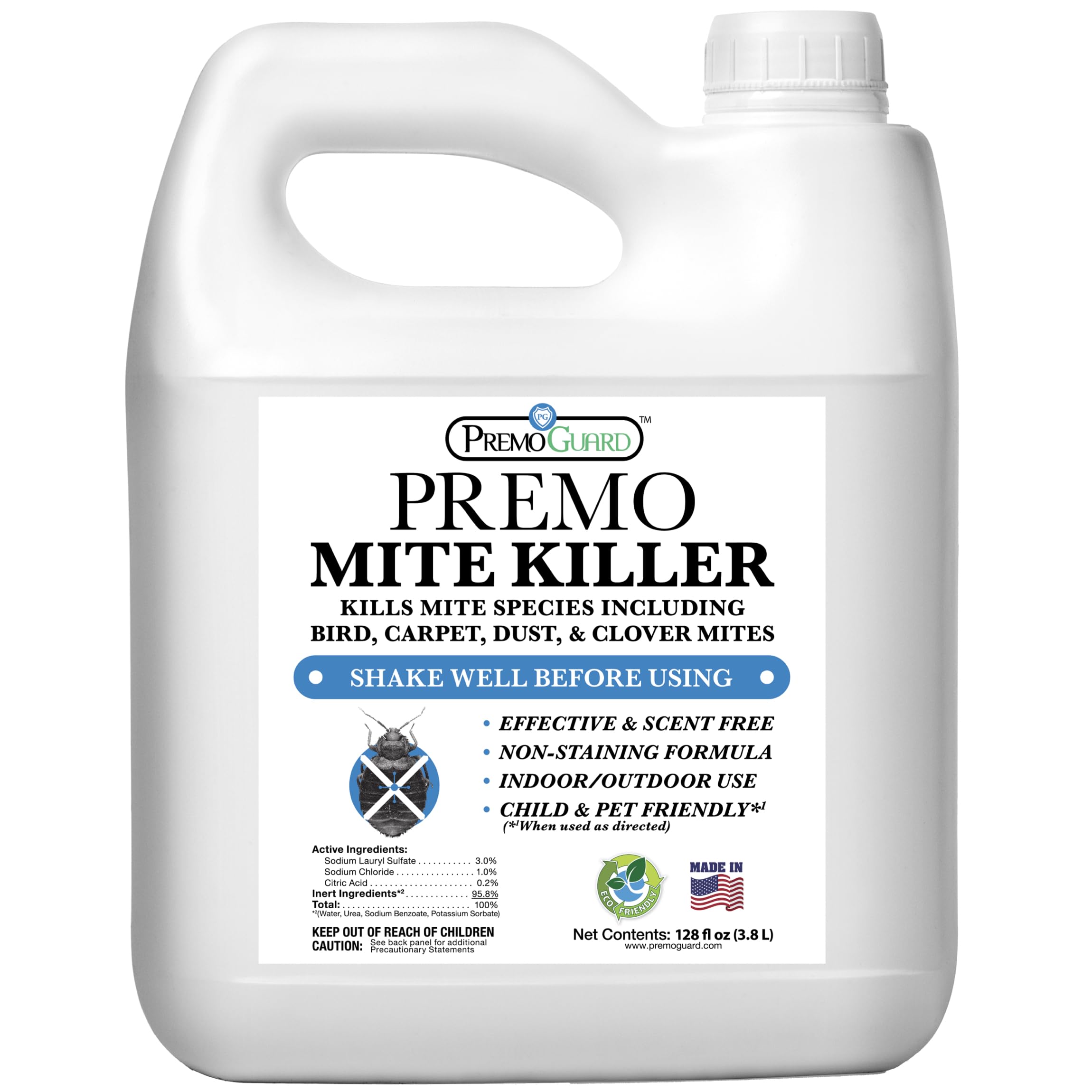 Premo Guard Natural Mite Spray – Large 128 oz Bottle – Plant Based Treatment for Dust, Spider, Carpet, Bird, Rat Mites – Safe for Families, Pet, Home, Bedding & Furniture When Used As Directed