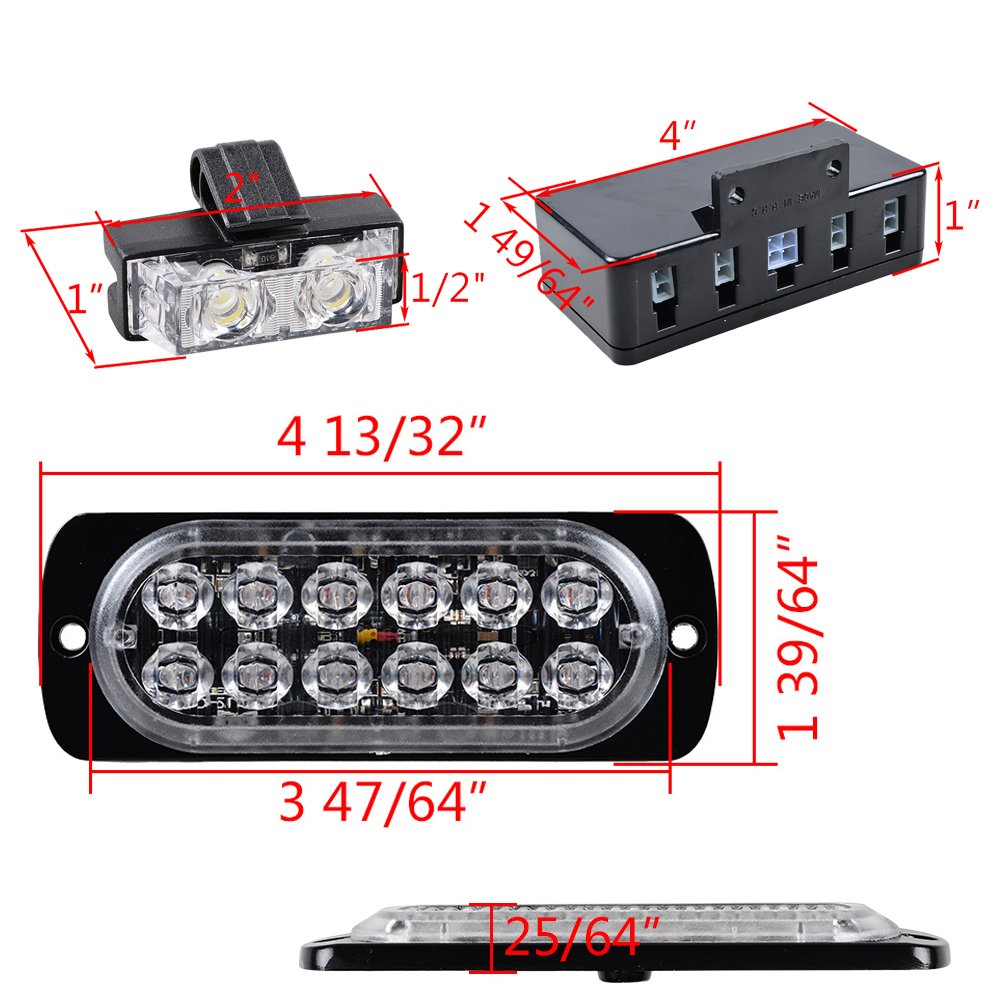 4pcs Amber/White Super Thin 12-LED Strobe Light Bar + 16pcs (8 White + 8 Amber) 2-LED Flashing Grille Light Kit Emergency Warning Hazard Construction Car Truck SUV Van
