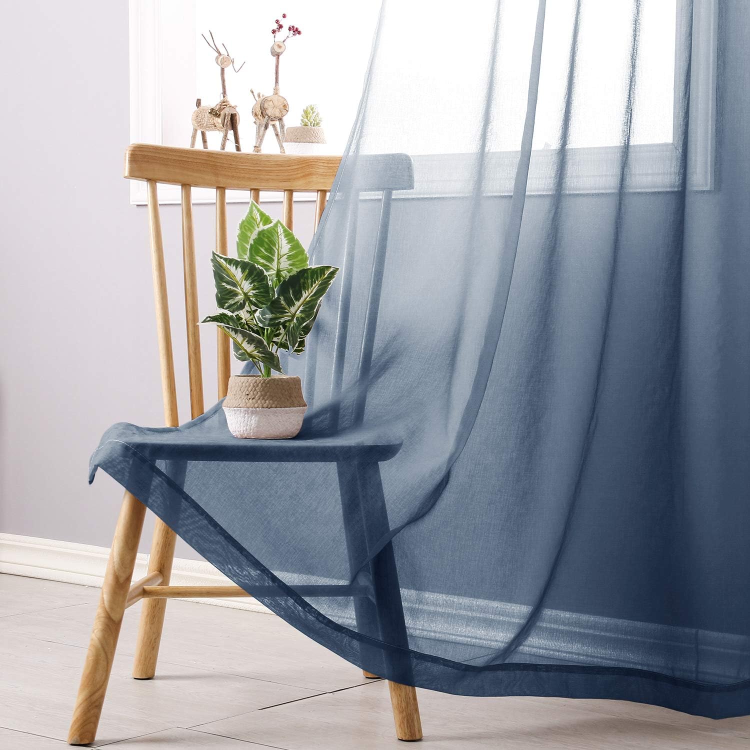 DWCN Faux Linen Ombre Sheer Curtains - Gradient Semi Voile Grommet Top Window Curtains for Bedroom and Living Room, Set of 2 Panels, 52 x 84 Inches Long, Denim Blue