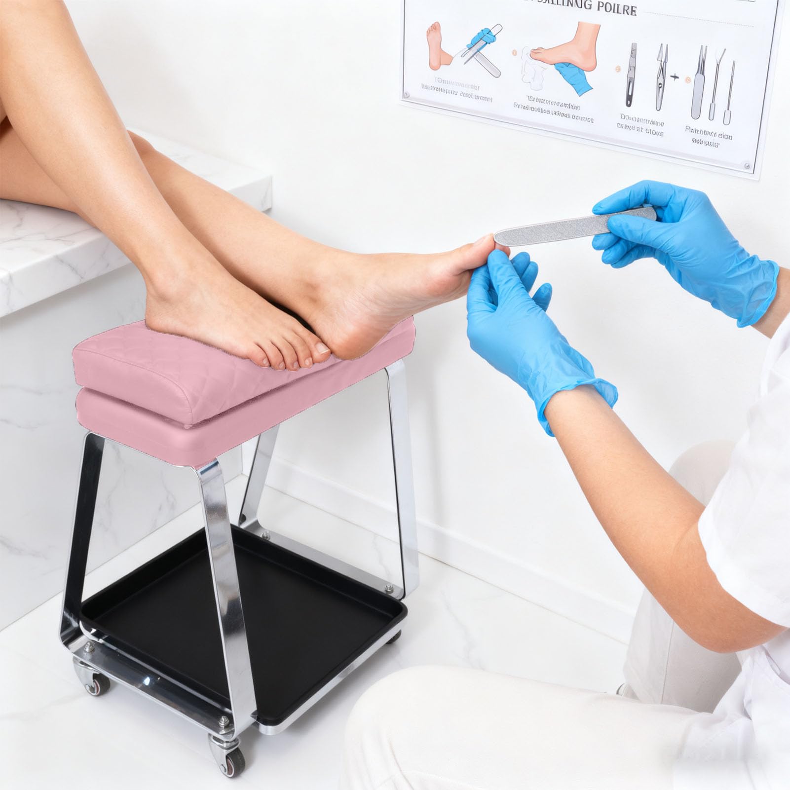 ZJchao Pediküre-Hocker, Höhenverstellbare Rollen mit Integrierter Ablage, Beine aus Edelstahl, Verstärktes PU-PVC-Material, für das Badezimmer zu Hause Im Nagelstudio, Spa