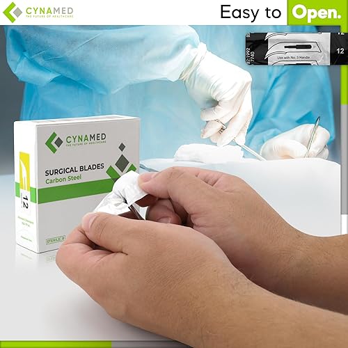Vista 17 de Cynamed Caja de 100 cuchillas estériles de bisturí de acero al carbono envueltas individualmente en papel de aluminio