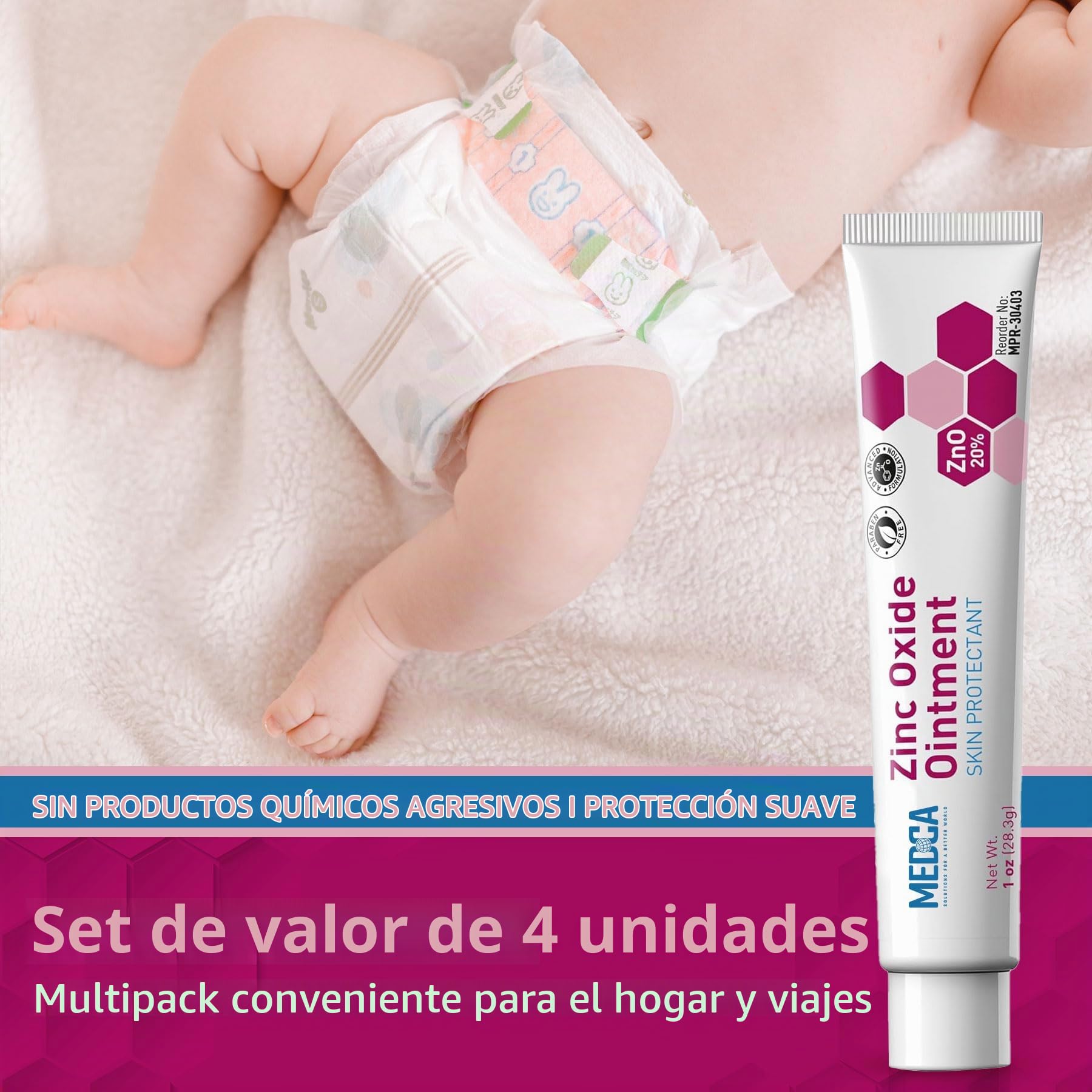 High-Potency 20% Zinc Oxide Ointment - (Pack of 4) Baby Diaper Rash Cream and Gentle Skin Protectant Barrier for Chafed Skin, Wetness, Daily & Overnight Protection Soothing, Hypoallergenic, 1oz Tubes