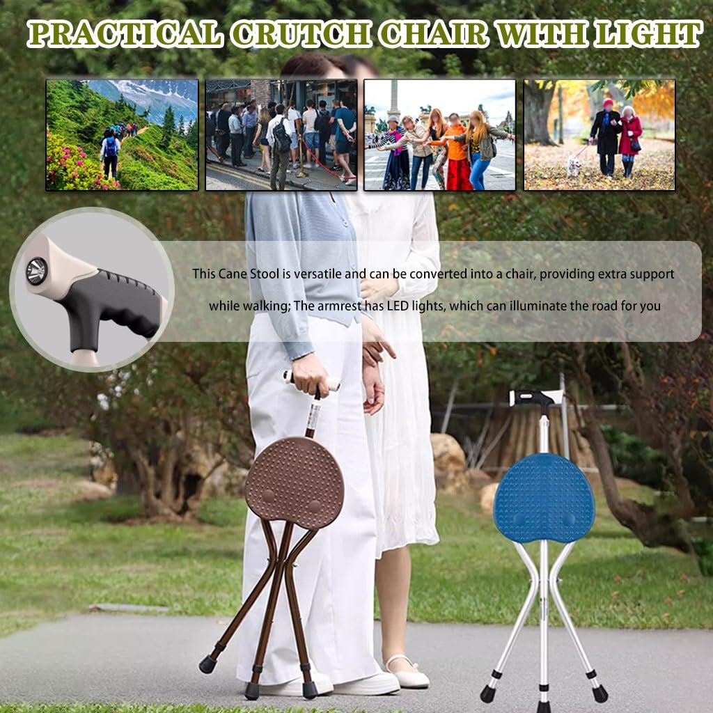 Bastón Bastón Extensible Muletas con Asiento Multifuncional 2 En 1, Silla De Muleta De Seguridad Antideslizante, Taburete Resistente De Las Muletas De Las Mujeres, para Viaje Al Campo(Blue Color)