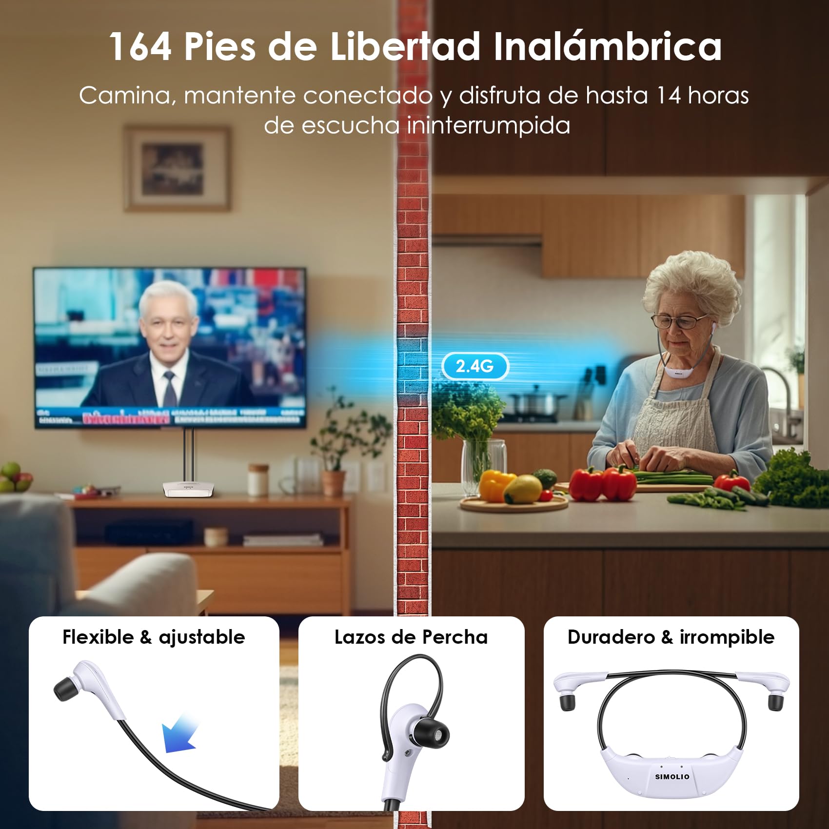 SIMOLIO Auriculares Inalámbricos TV/PC para Mayores con Mejorar la Diálogos, 2.4 G Digitales Cascos para TV con Transmisor, Óptica RCA y 3,5mm AUX, Sin Demora, Plug & Play, Alcance 50m SM-823D Pro