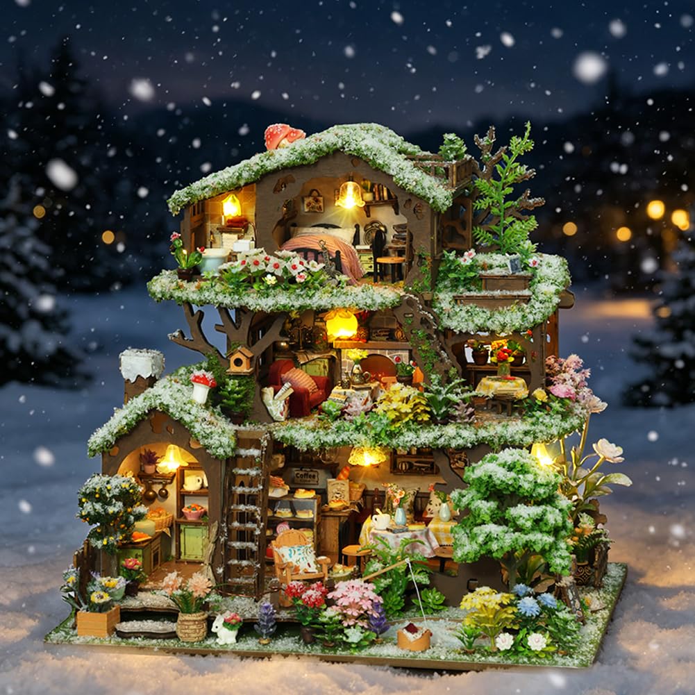 Miniaturowy domek dla lalek zestaw DIY czas las księgarnia miniaturowa architektura model dorosły zestaw rzemieślniczy śnieżny mini domek kreatywny dekoracyjny ornament