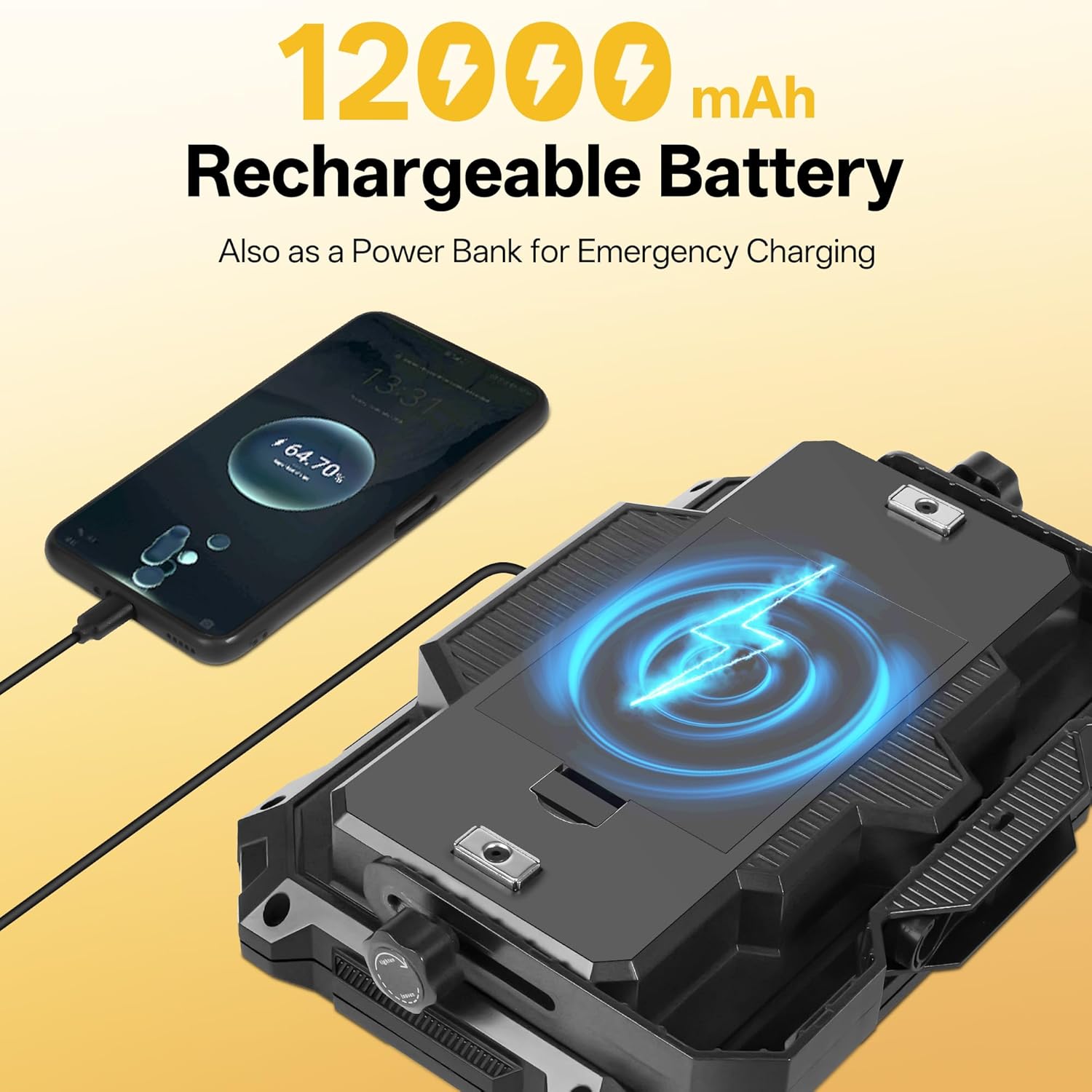 LED Work Light Rechargeable Outdoor, 12000mAh Work Flood Lights 10000LM with 4 Light Modes as Power Bank for Camp Essentials, IP65 Waterproof Emergency Lantern for Power Outages, Car Repair - Image 3