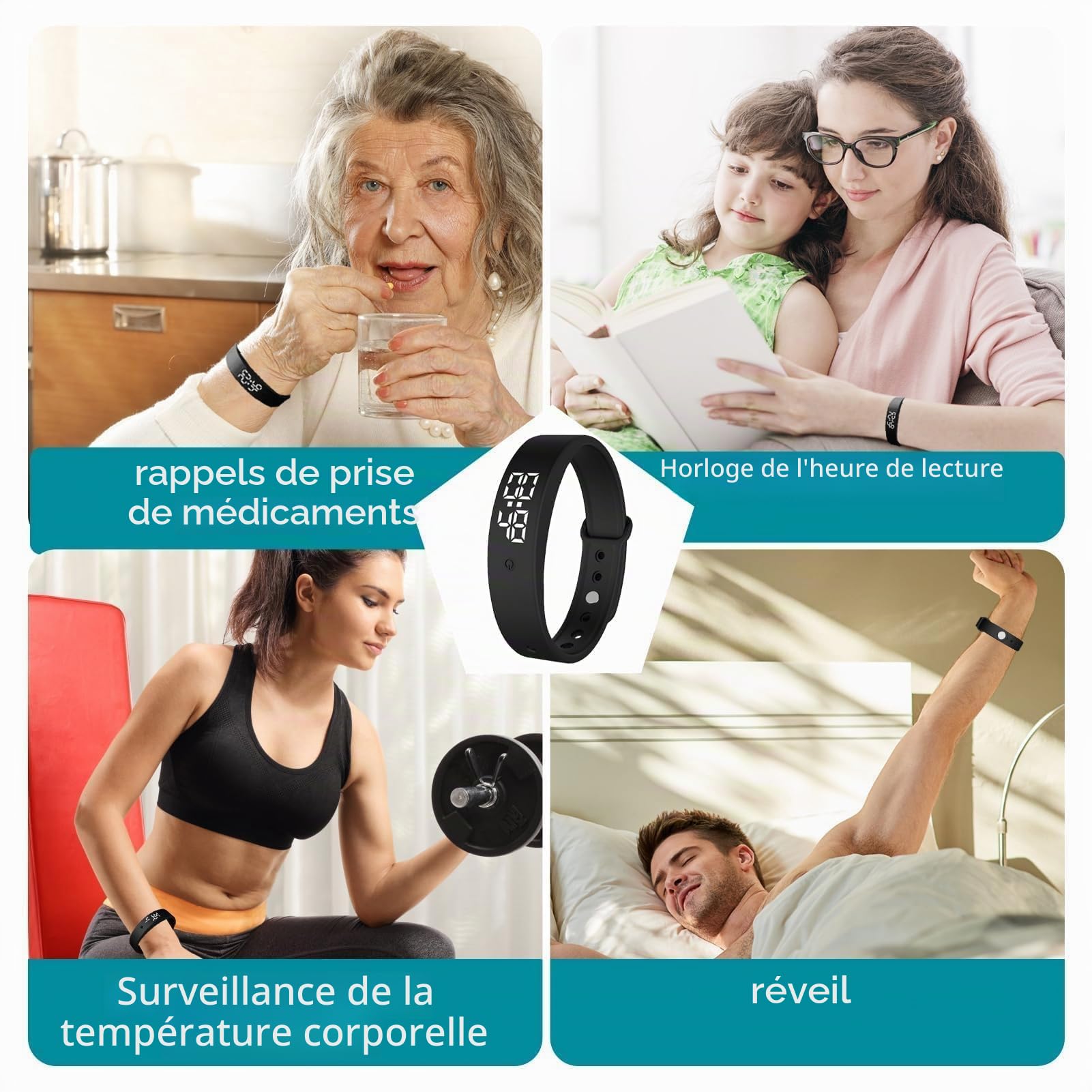 Bracelet avec réveil vibrant silencieux pour partenaire/naissances/enfants, 6 rappels, pilule réveil montre-bracelet 3 mesures température
