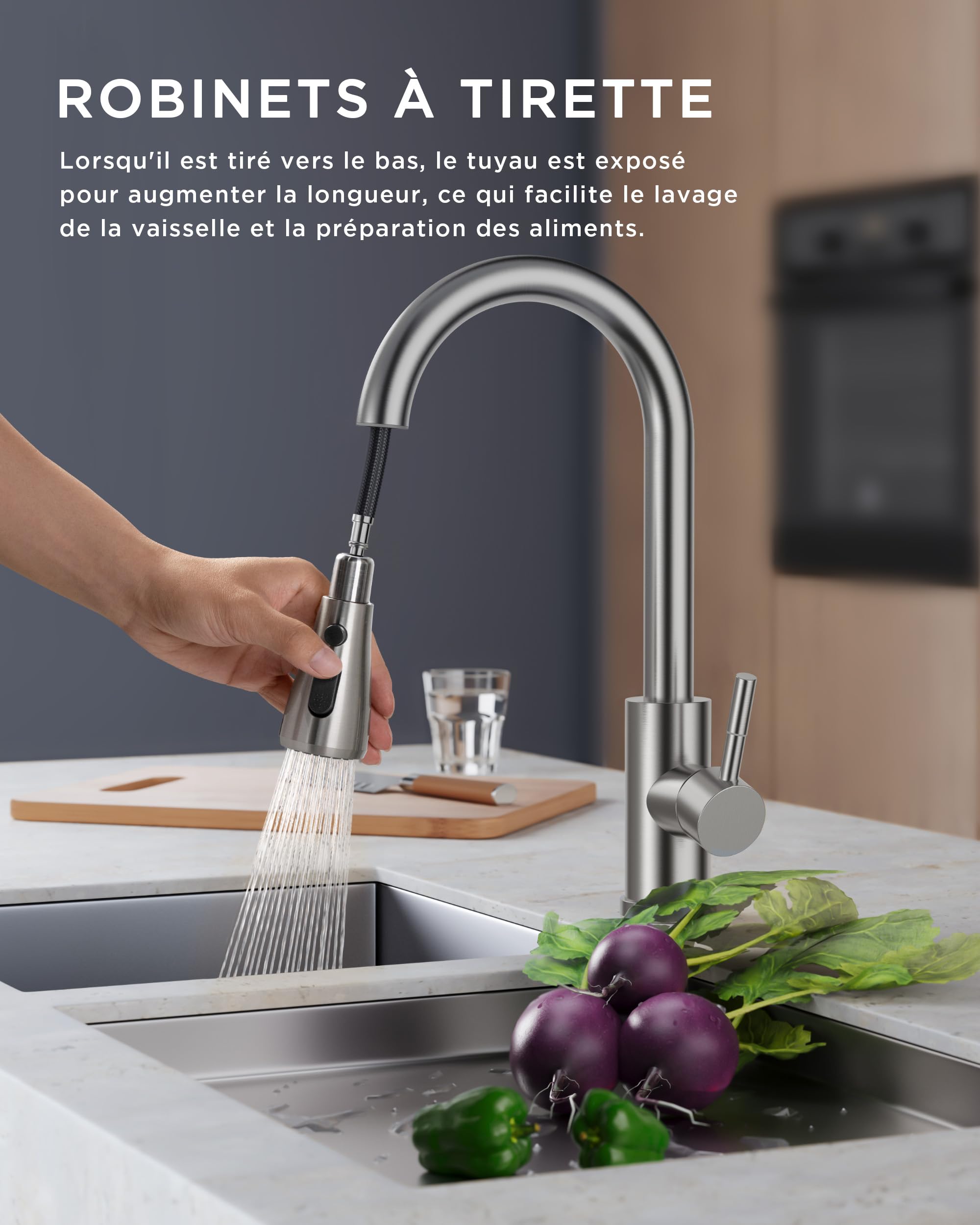 FORIOUS Robinet Cuisine, Mitigeur Cuisine, Pivotant à 360° d'Évier à Arc Élevé Pulvérisateur Escamotable 2 Modes, Acier Inoxydable