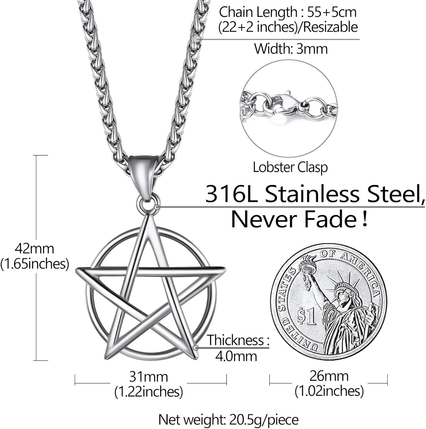 Richsteel Stainless Steel/18K Gold/Black Plated Star Pentagram Necklace for Men Pentacle Pendant with Chain(Gift Wrapped) - Image 5
