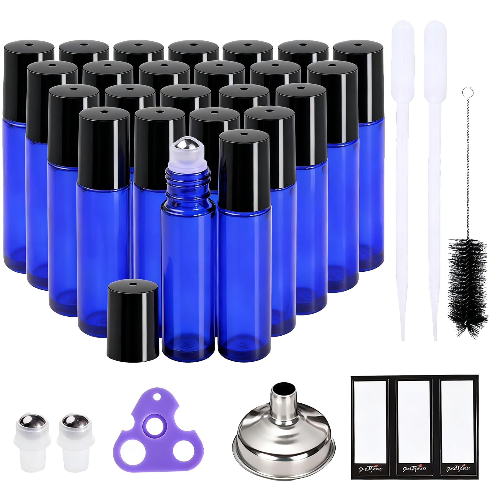 PrettyCare Roller Bottles For Oils 10 ml (Blue Glass, 24 Pack, 2 Extra Stainless Steel Balls, 2 droppers, 1 small brush, 24 Labels, 1 Opener, 1