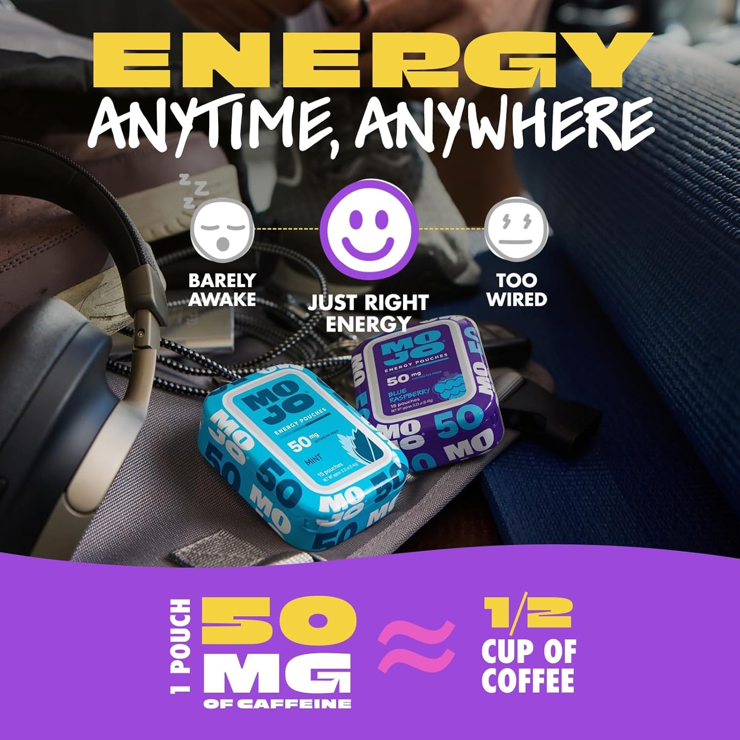 MOJO Caffeine Pouches with Naturally Derived Caffeine from Green Tea, Ginseng, Yerba Mate, L-Theanine & B-Vitamins | Nicotine-Free | Zero Sugar | 50mg Caffeine | Variety Pack — Amazon image 4