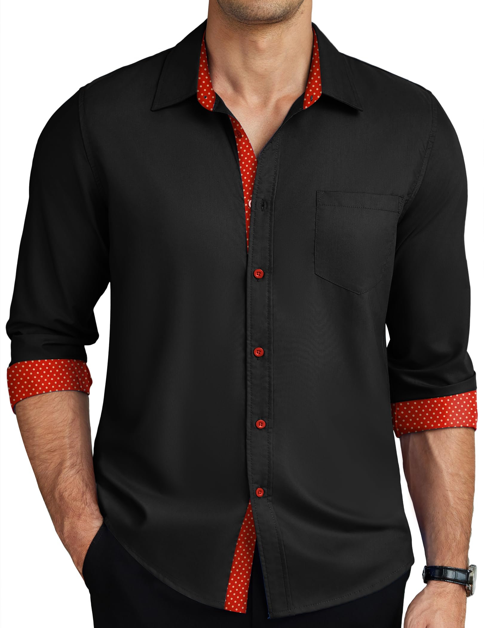 Come Wonka Men's Long Sleeve Button-Down Shirt - Regular Fit, Polyester-Spandex Blend, Business Casual - View #4