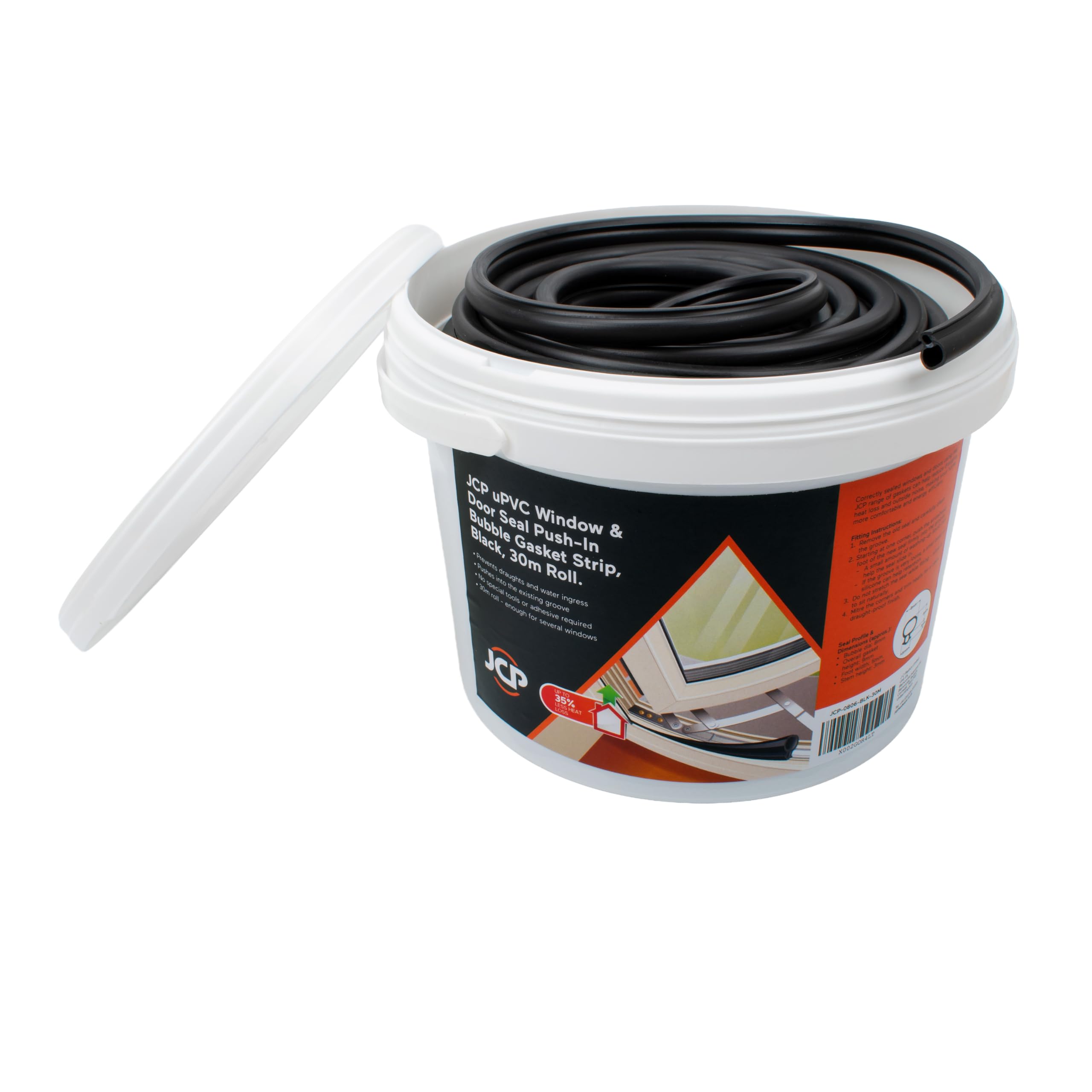 JCP uPVC Window and Door Seal Gasket, Push-in Bubble, 8 x 9 mm, Black, 30 m Roll in Tub, Replacement Rubber Seal Strip
