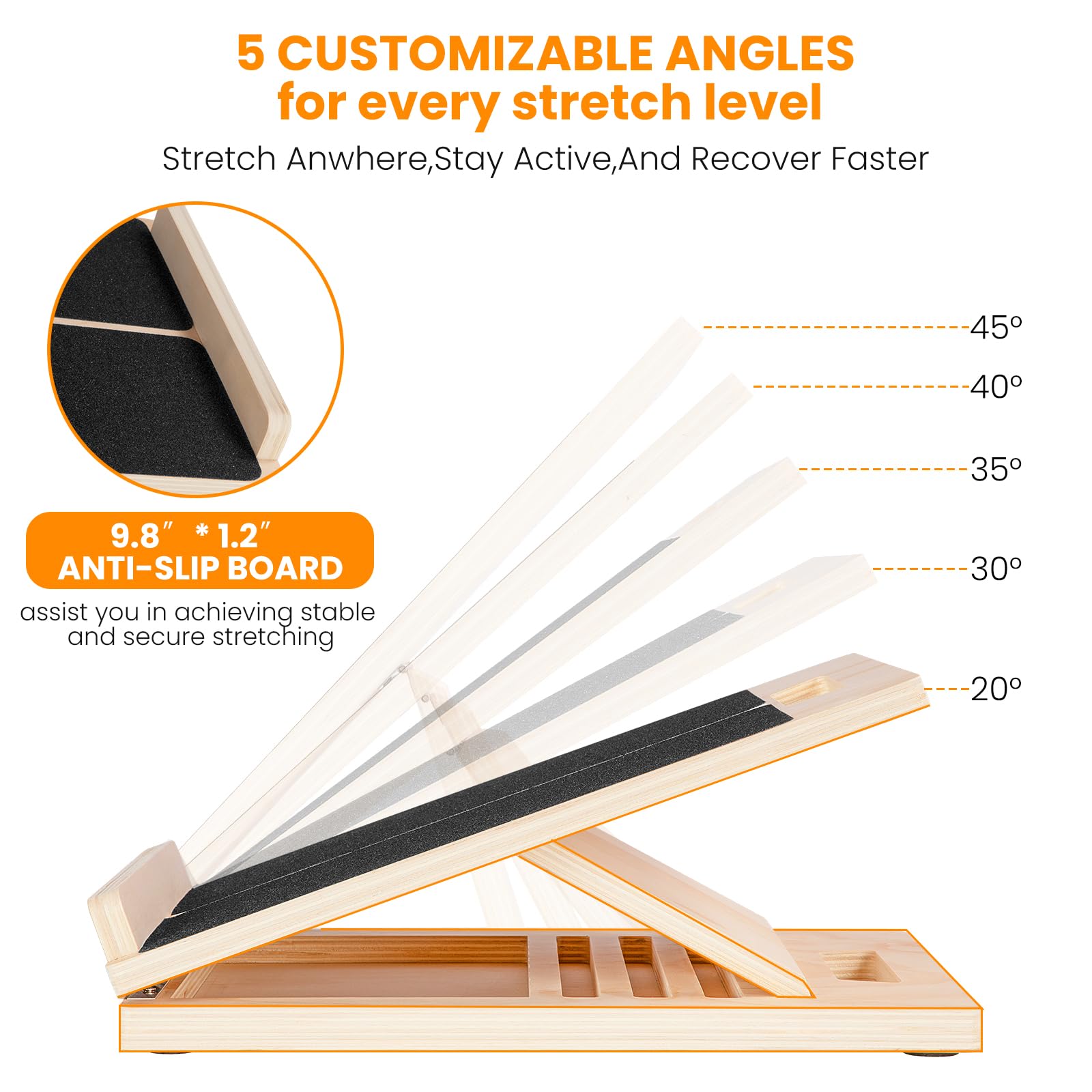 Tavola Inclinata di Legno, FoiiLiio Tavoletta Propriocettiva Regolabile in 5 Angolazioni, con Maniglia Trapezoidale Allargata e Piastra di Impatto Antiscivolo, Pieghevole e Portatile Slant Board