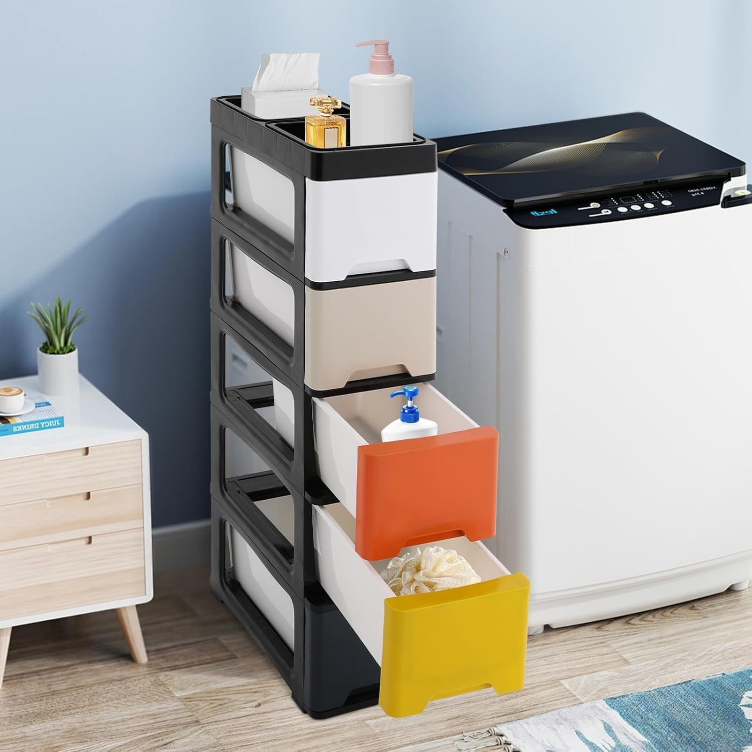 Cassettiera Salvaspazio con 5 Cassetti Mobiletto Stretto con Ruote Organizer in Plastica PP per Bagno Ufficio Casa Carrello Portaoggetti per Angoli Stretti(Black+Colorful Modern Colors)