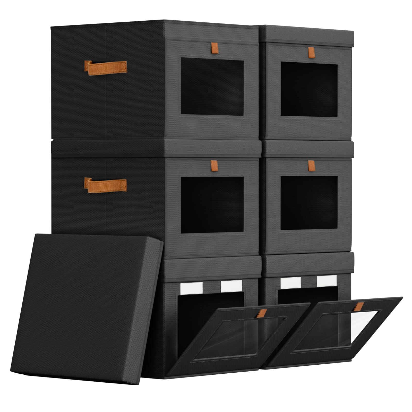 Homsorout Storage Bins with Lid – Closet Organizer with Side Opening and Clear Window, Foldable Stackable Fabric Basket for Clothes, Home, Office - 13.77" x 11.8" x 9.8", 6 Pack, Black