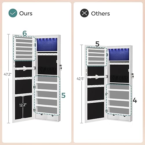 Miniatura 7 de SONGMICS - Gabinete organizador de joyas con 6 luces LED para montar en la pared o en la puerta de 473pulgadas de alto con espejo y 2 cajones