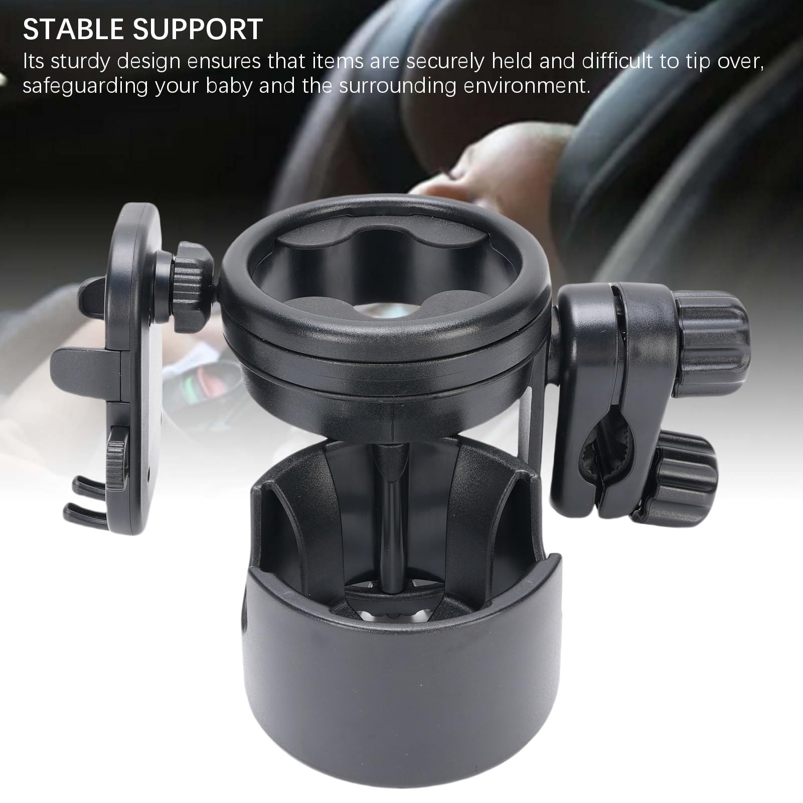 Porte gobelet Universel pour Poussette avec Support téléphone Rotatif à 360 degrés, Support Multifonction pour Bouteille, gobelet et téléphone, Compatible avec la Plupart (Noire)