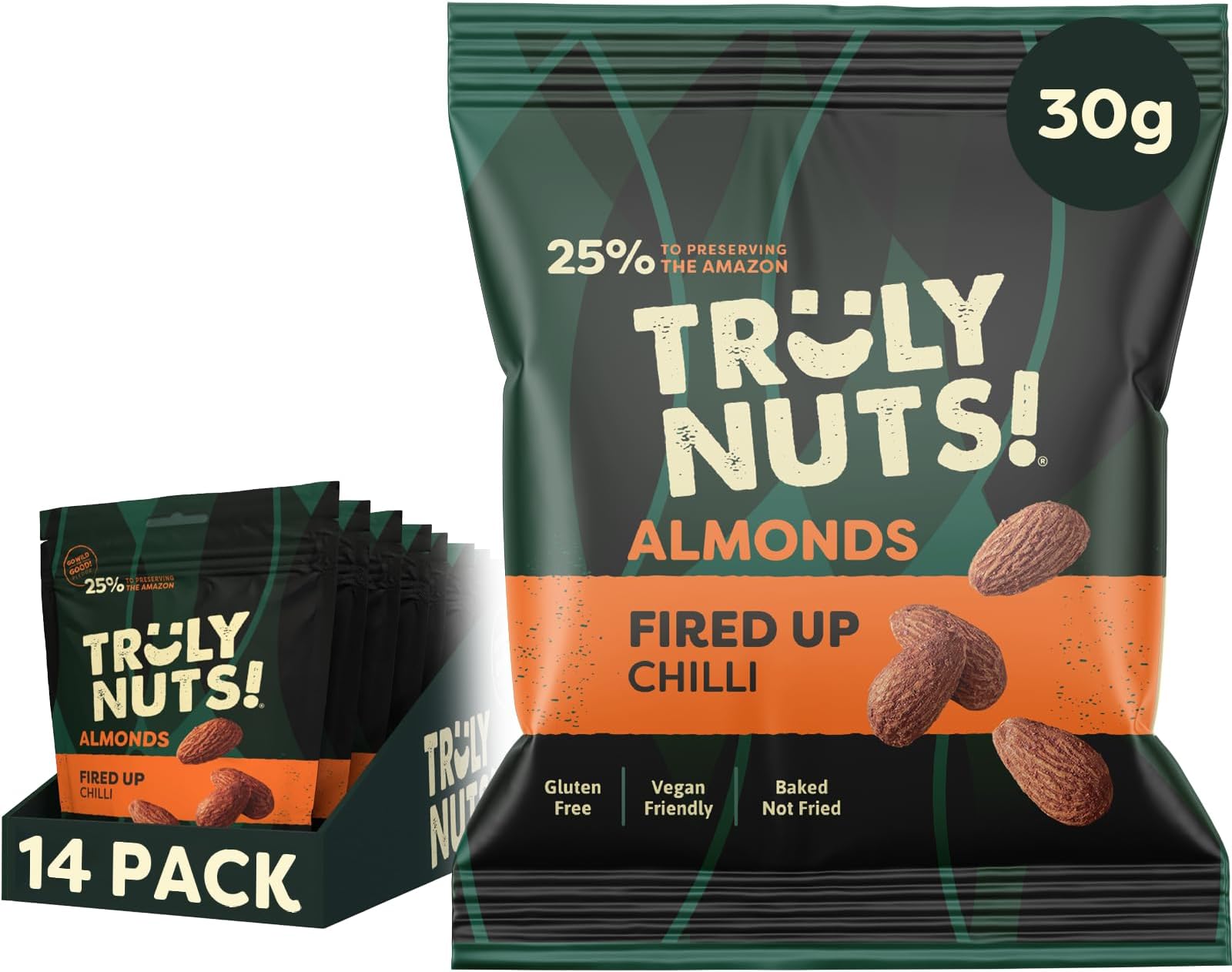 Truly Nuts! Fired Up Chilli Almonds, 30G, Pack of 14 - Baked Almonds with Spicy Seasoning, Gluten Free, High Fibre, High Protein Vegan Snack, Healthy Snacks for Adults